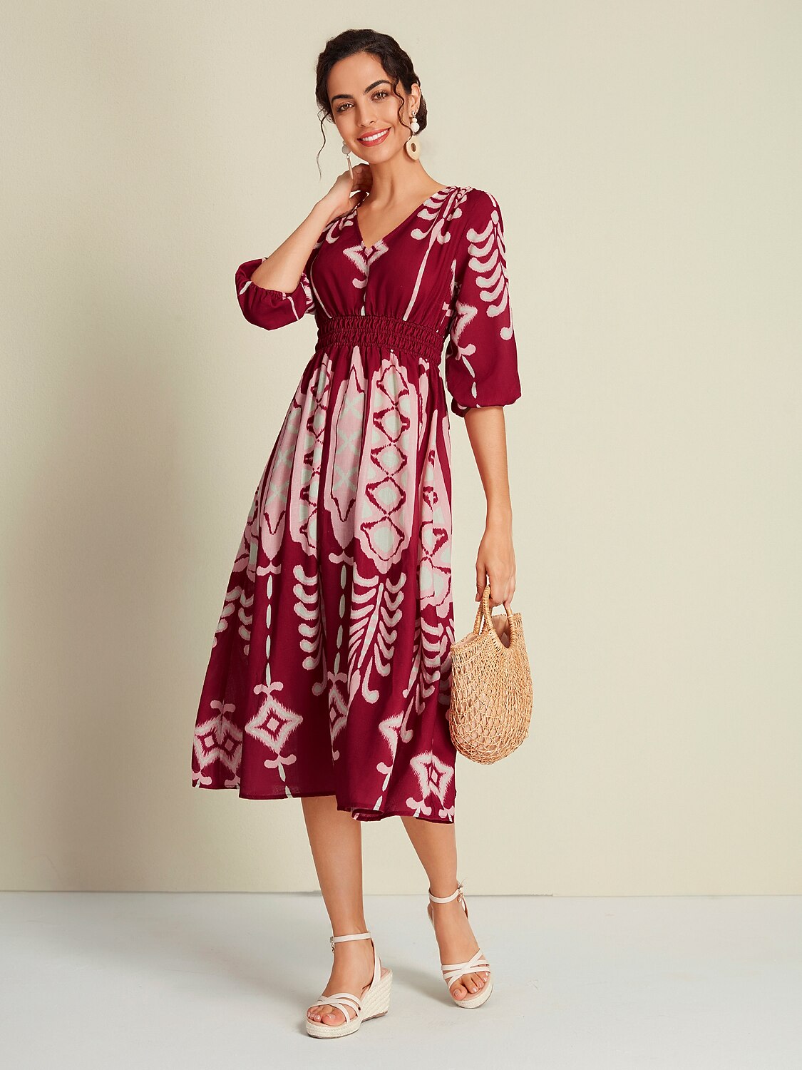 Vestido Midi Folk con Estampado Ladrillo, Media Manga y Cuello en V