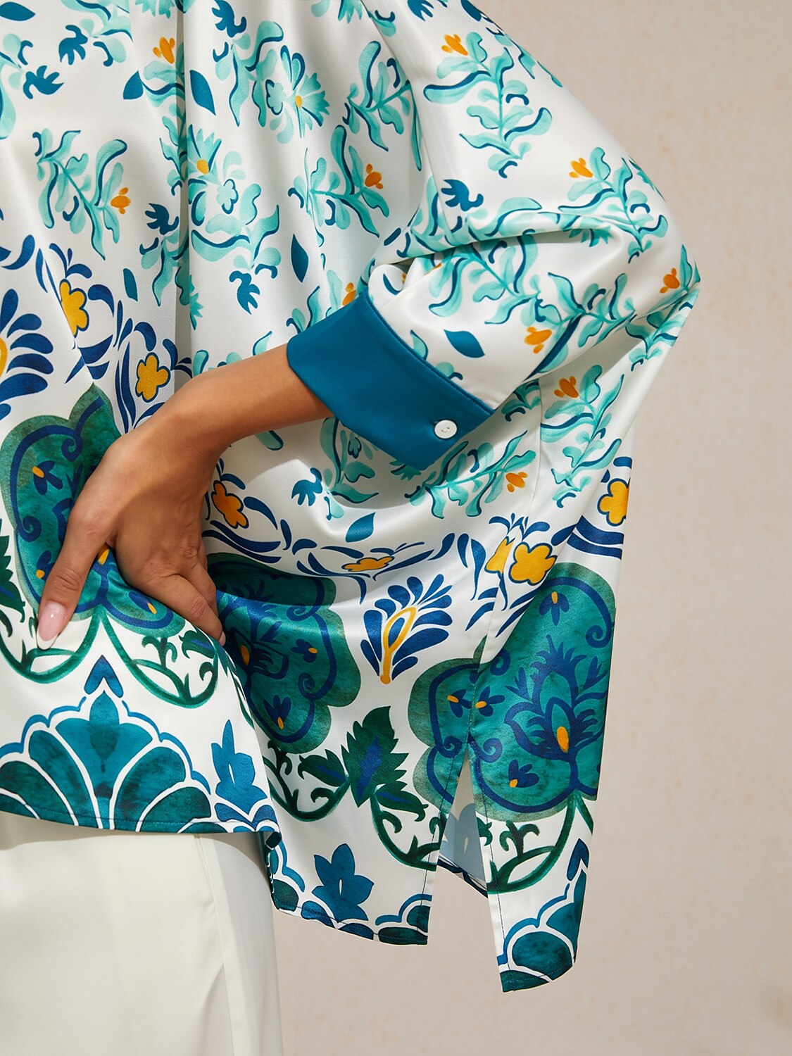 Jade Palace Garden Silky Satin Batwing Top