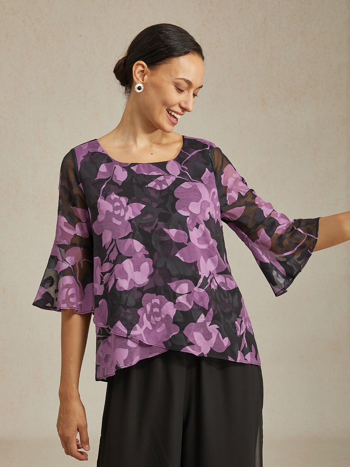 Purple Floral Print Round Neck Chiffon Blouse