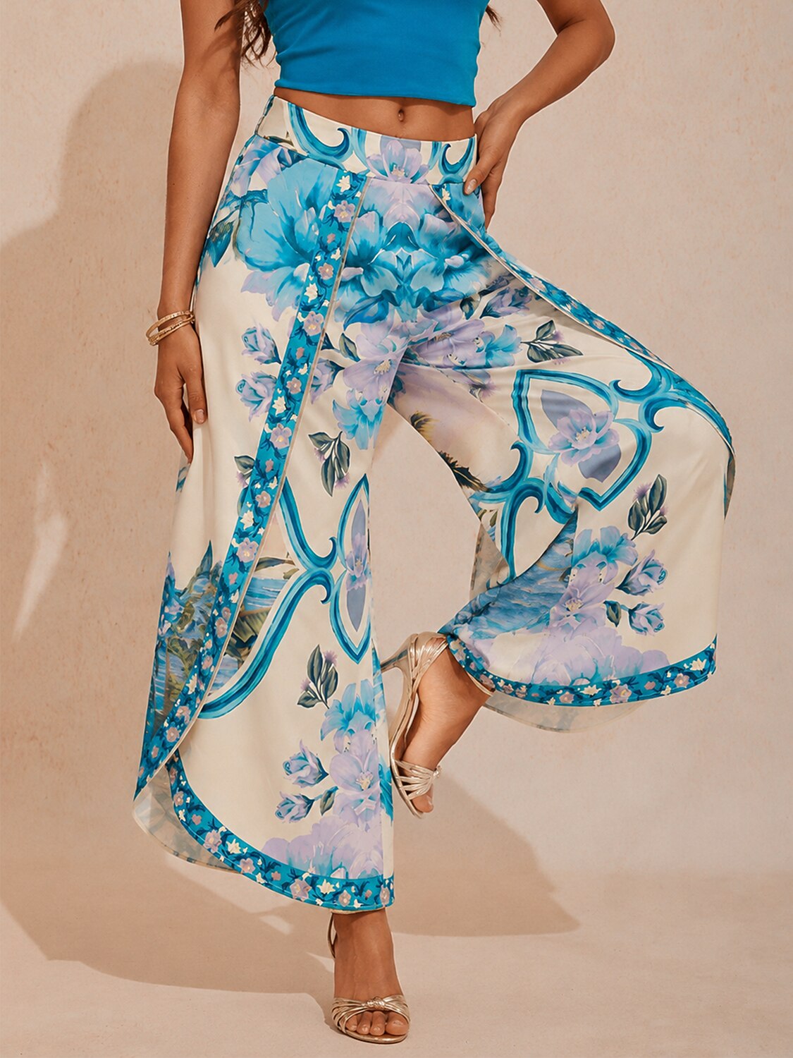 Satin Geometric Print Swing Full Length Micro-Elastic Pants