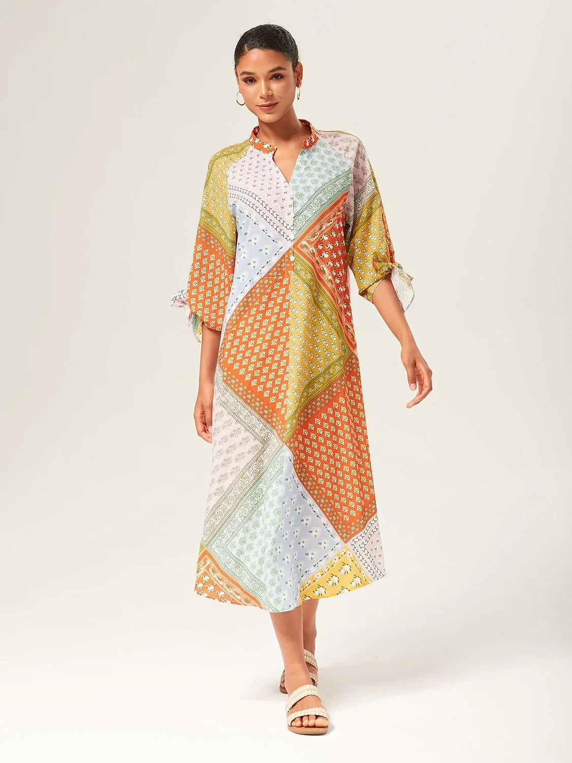 Colorful Print Tie Shirt Maxi Dress
