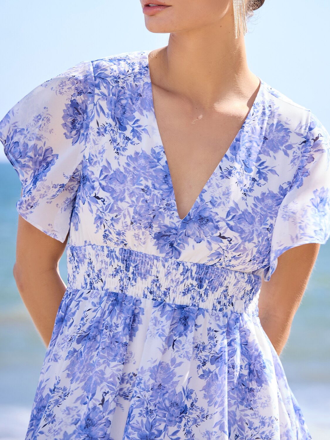 Chiffon Floral Short Sleeve V Neck Maxi Dress