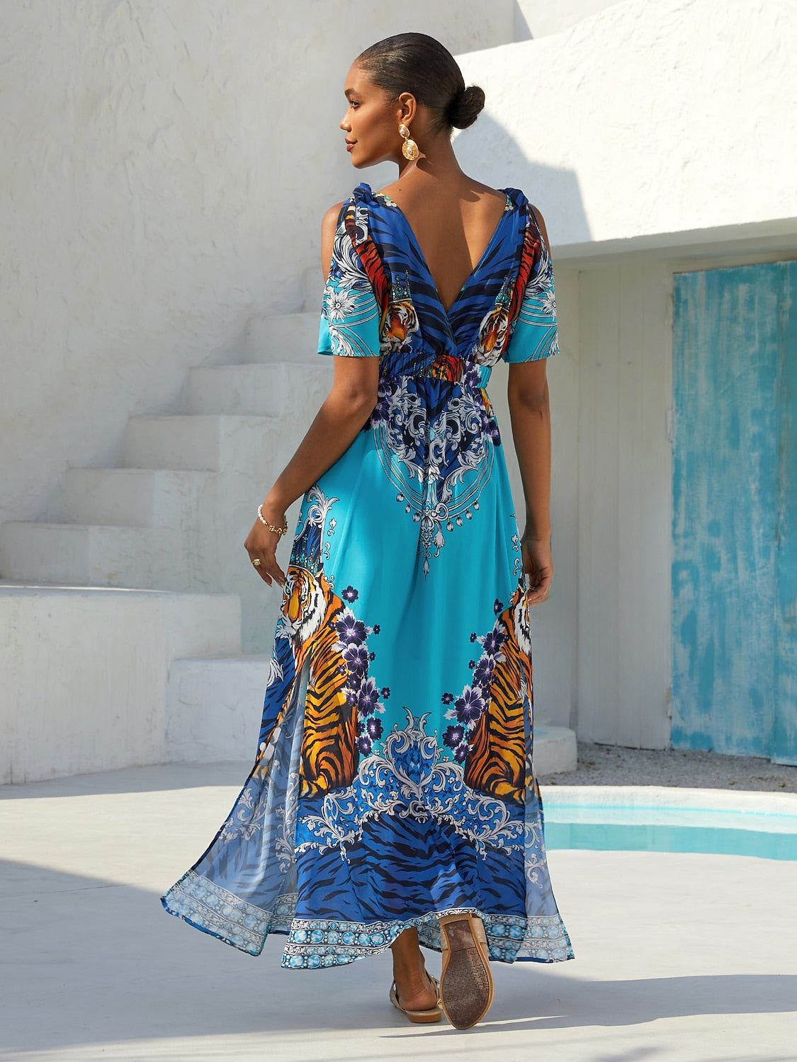 Indigo Tigress Flowy Chiffon Vacation Maxi Dress