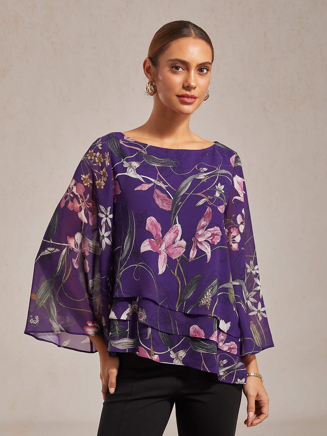 Dark Purple Floral Print Sheer Chiffon Blouse