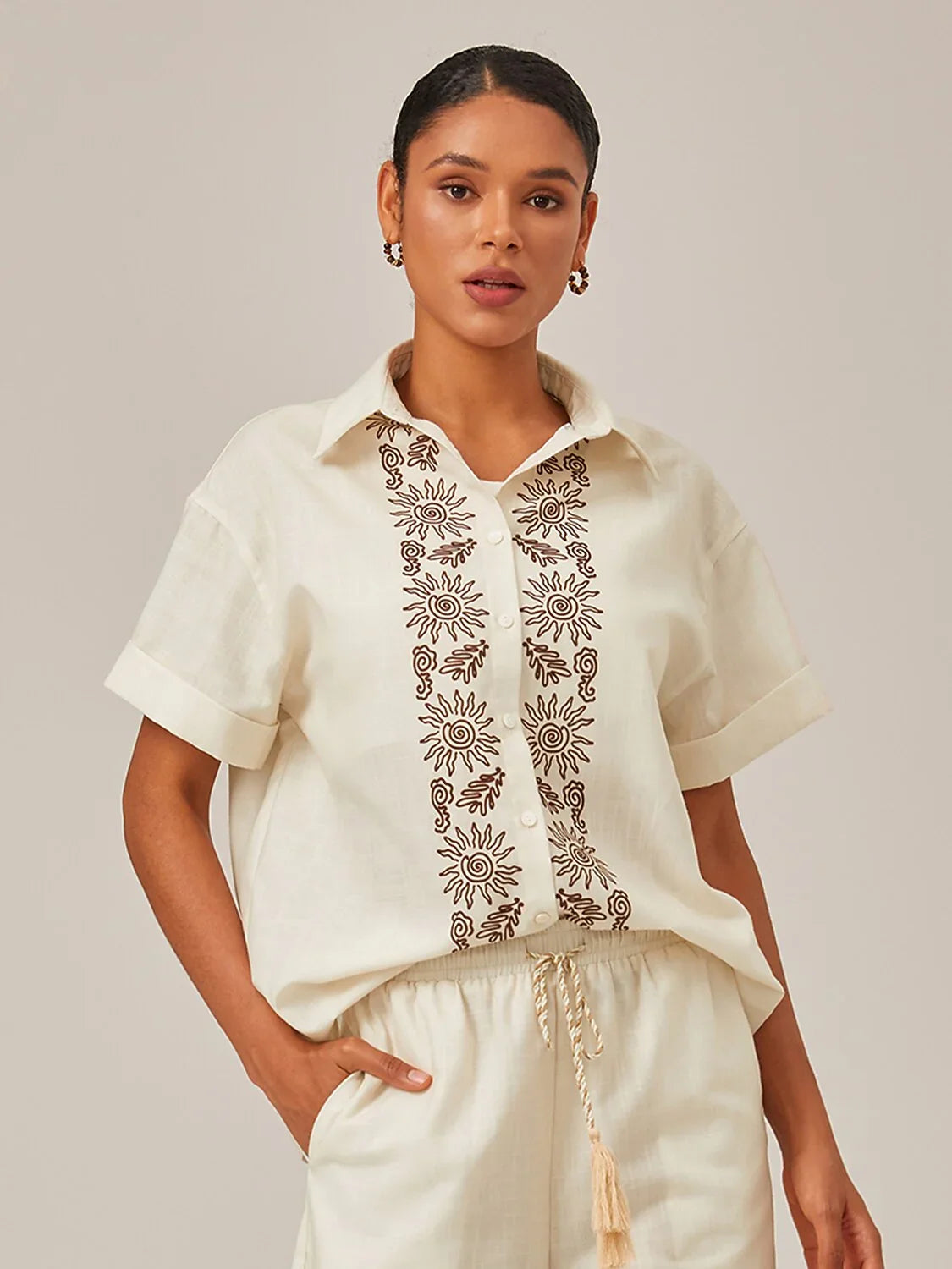 Linen Printed Rolled Cuffs Shirt