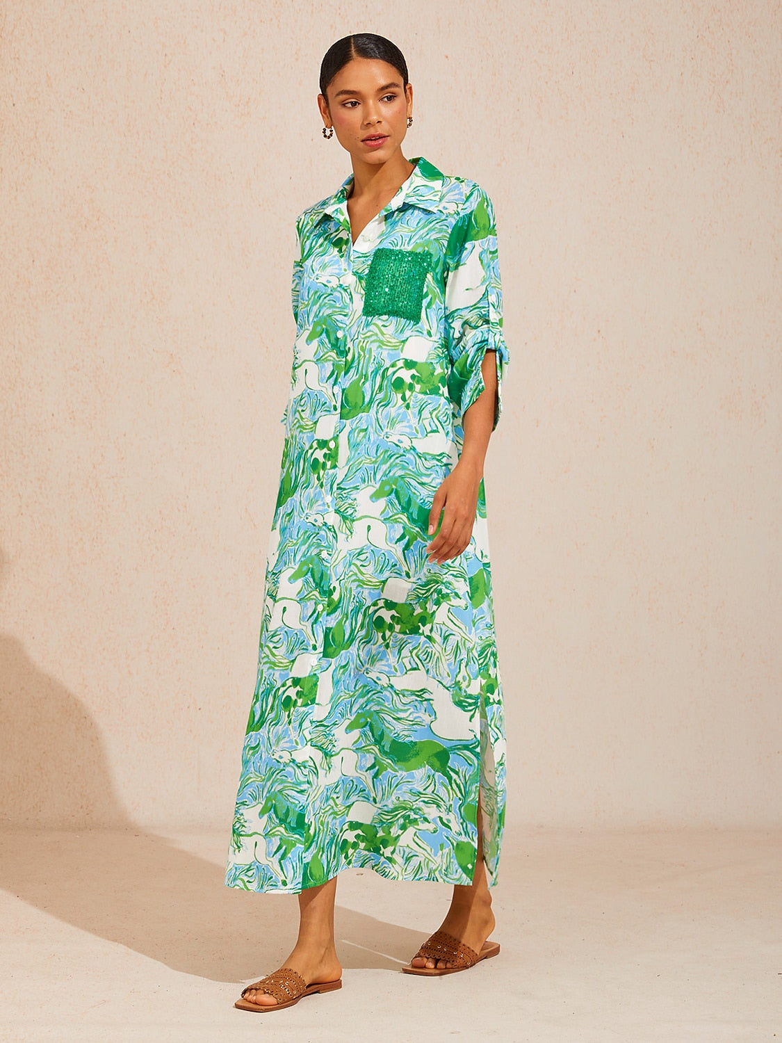 Vestido largo de camisa con vuelta y bolsillo curvo de albaricoque con lentejuelas