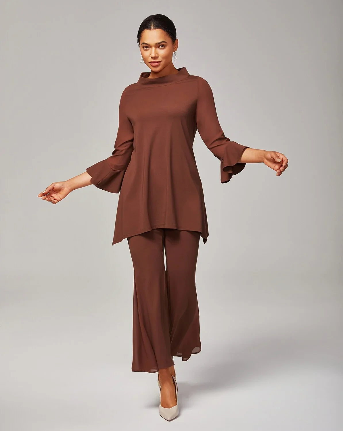 Elegant Coffee Brown Bell-Bottom Chiffon Sheer Pants