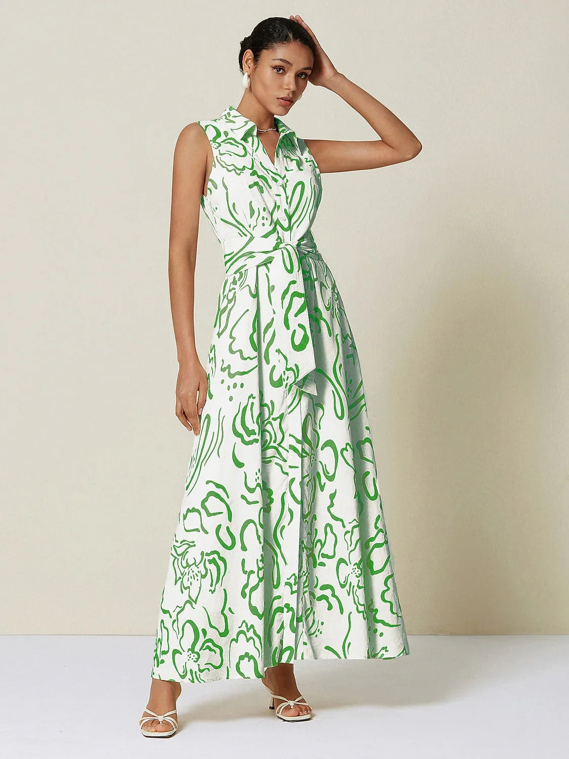 A-Line Abstract Print Pocket Waist Slim Fit Maxi Shirt Dress