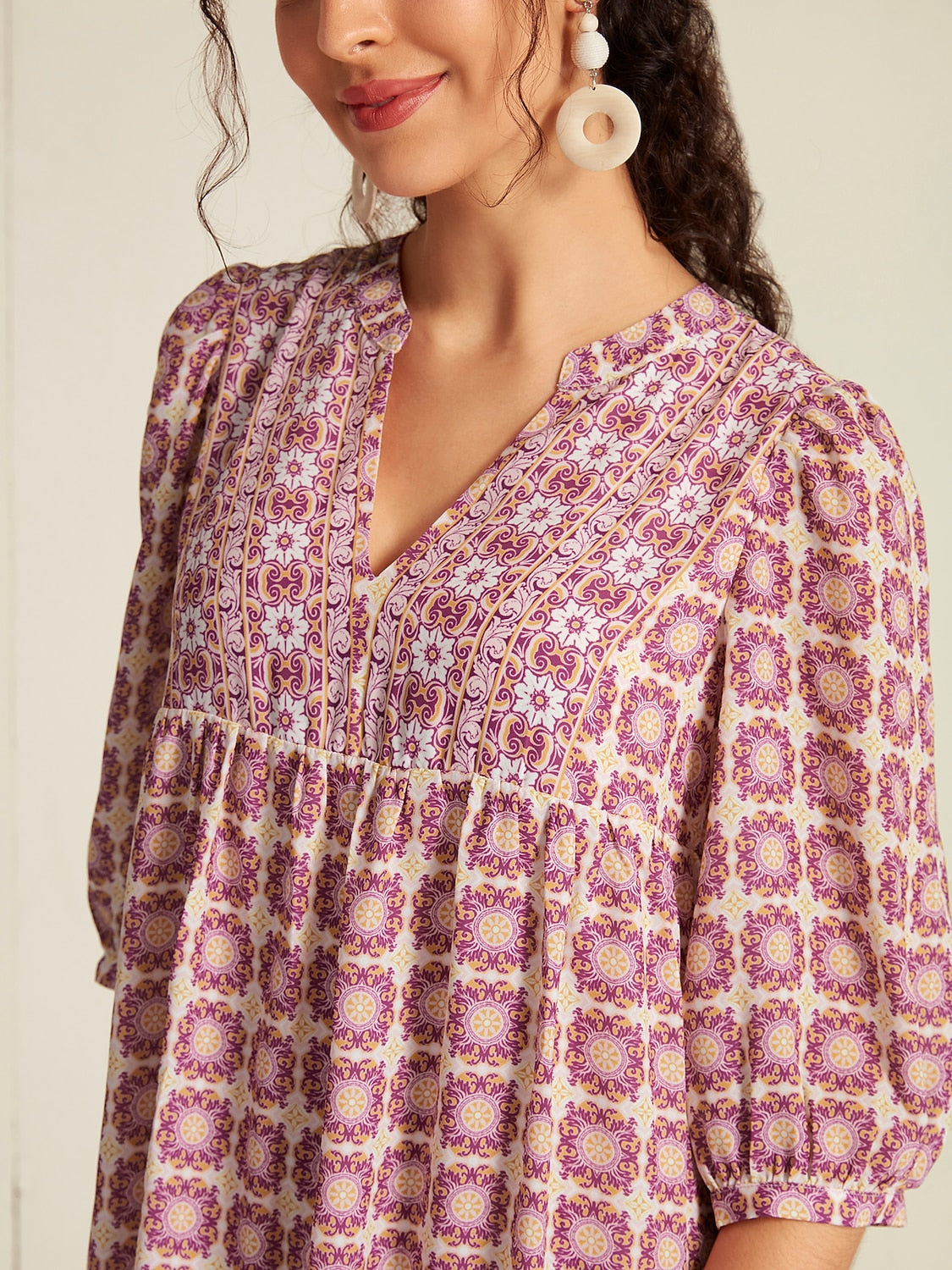 Chiffon Ethnic Floral Print Half Sleeve V-Neck Midi Dress