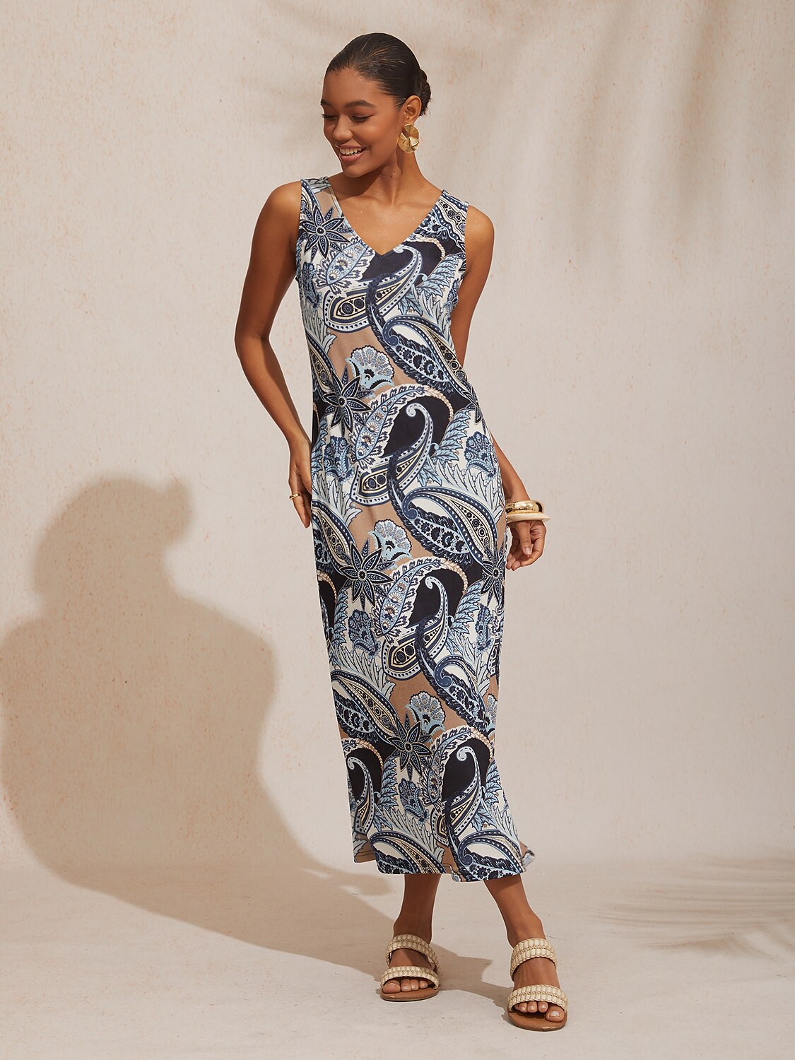 Abstraktes Paisley Eng Anliegendes Maxi-Strickkleid mit Hohem Stretchanteil