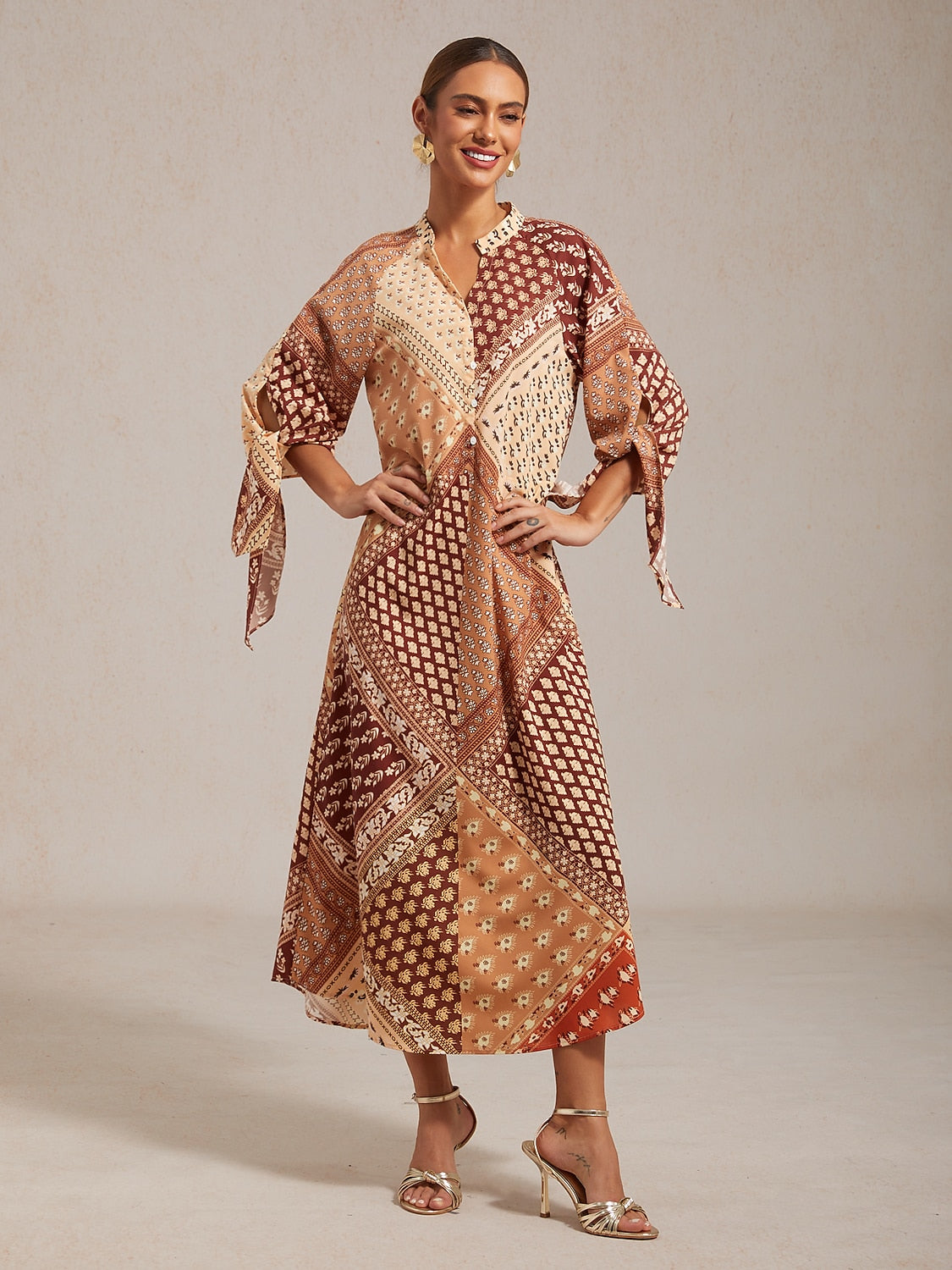 Geometric Floral Patchwork Print Maxi Dress