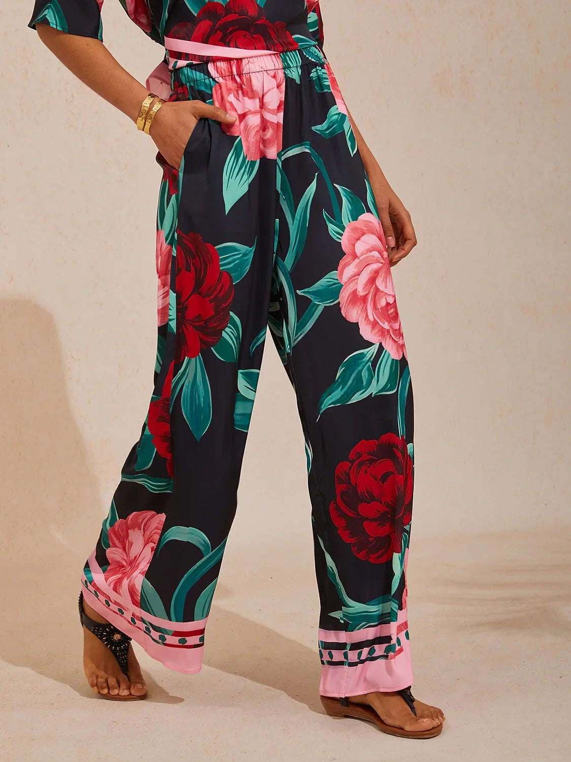 Summer Night Palm Silky Satin Wide Leg Pants