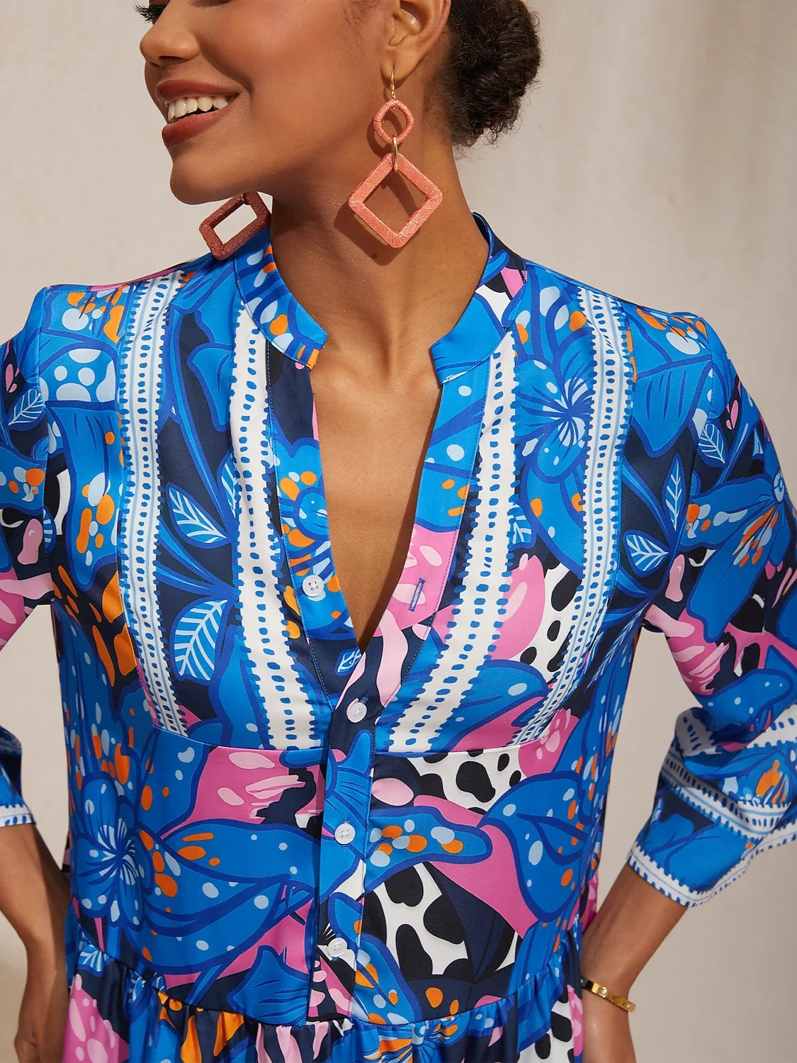 Abstract Azure Silky Satin Dot Maxi Dress