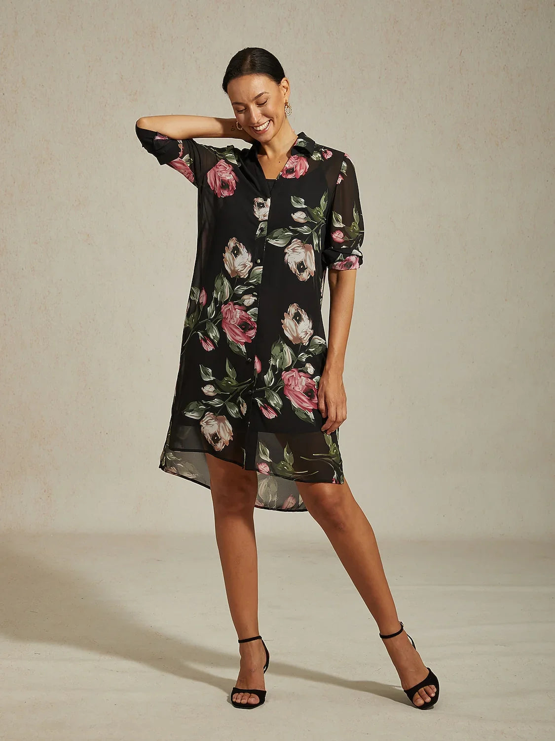 Chiffon Black Floral Print Shirt Mini Dress