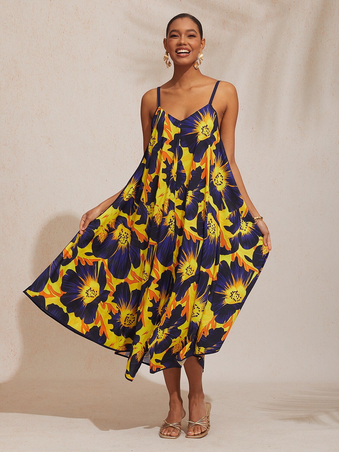 Urlaub Sonne Blumen Viskose Spaghetti-Träger-Kleid