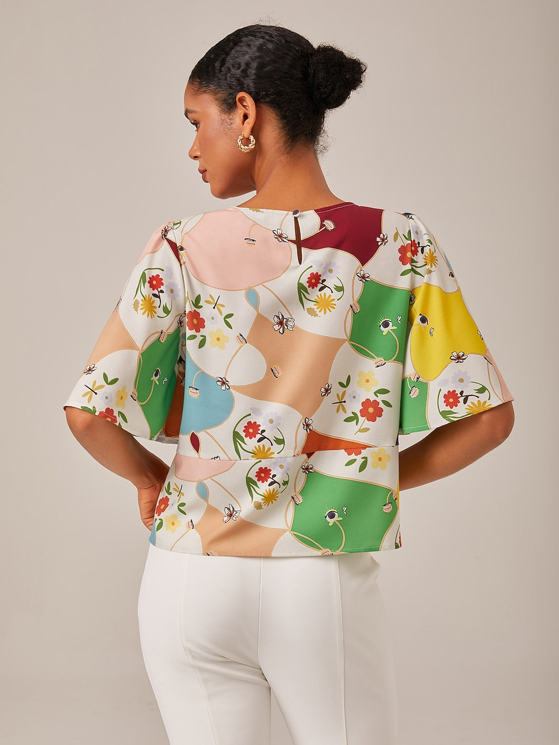 Geometric Floral Tie Front Top