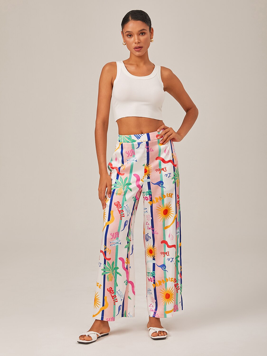 Pantalones Anchos con Estampado Tropical