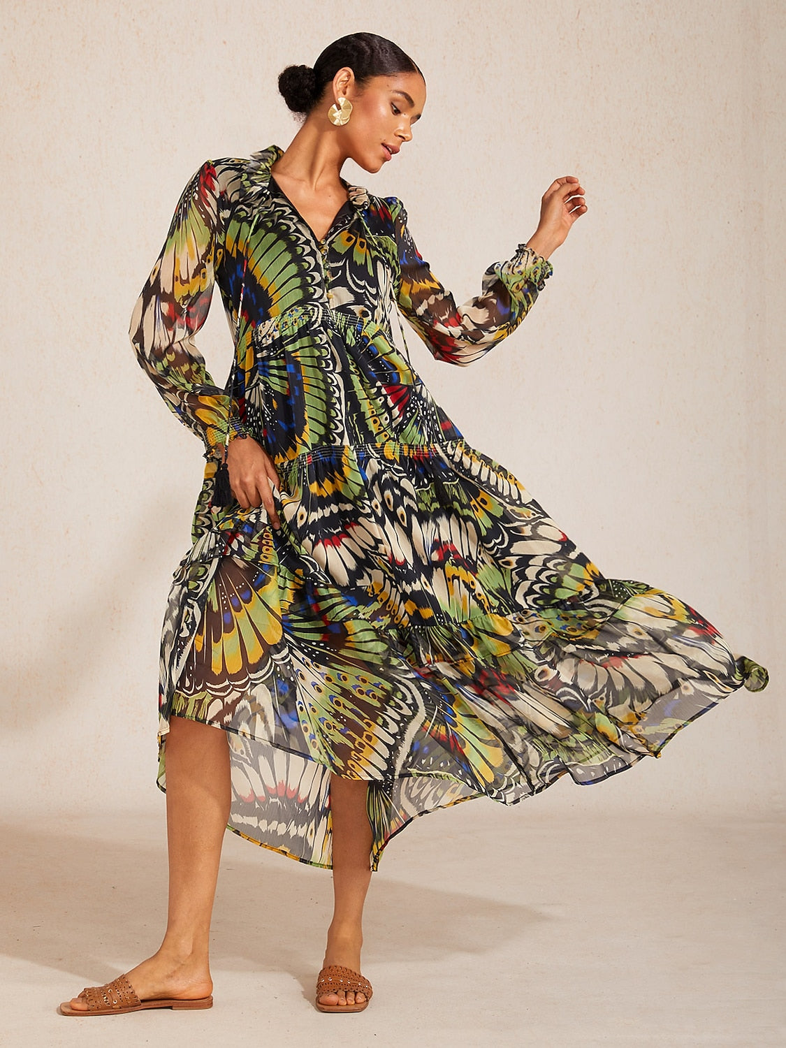Ador Womens Jungle Butterfly flowy Chiffon Maxi Dress lightweight flowy Chiffon fabric Jungle Butterfly flowy Maxi Dress for casual daily vacation