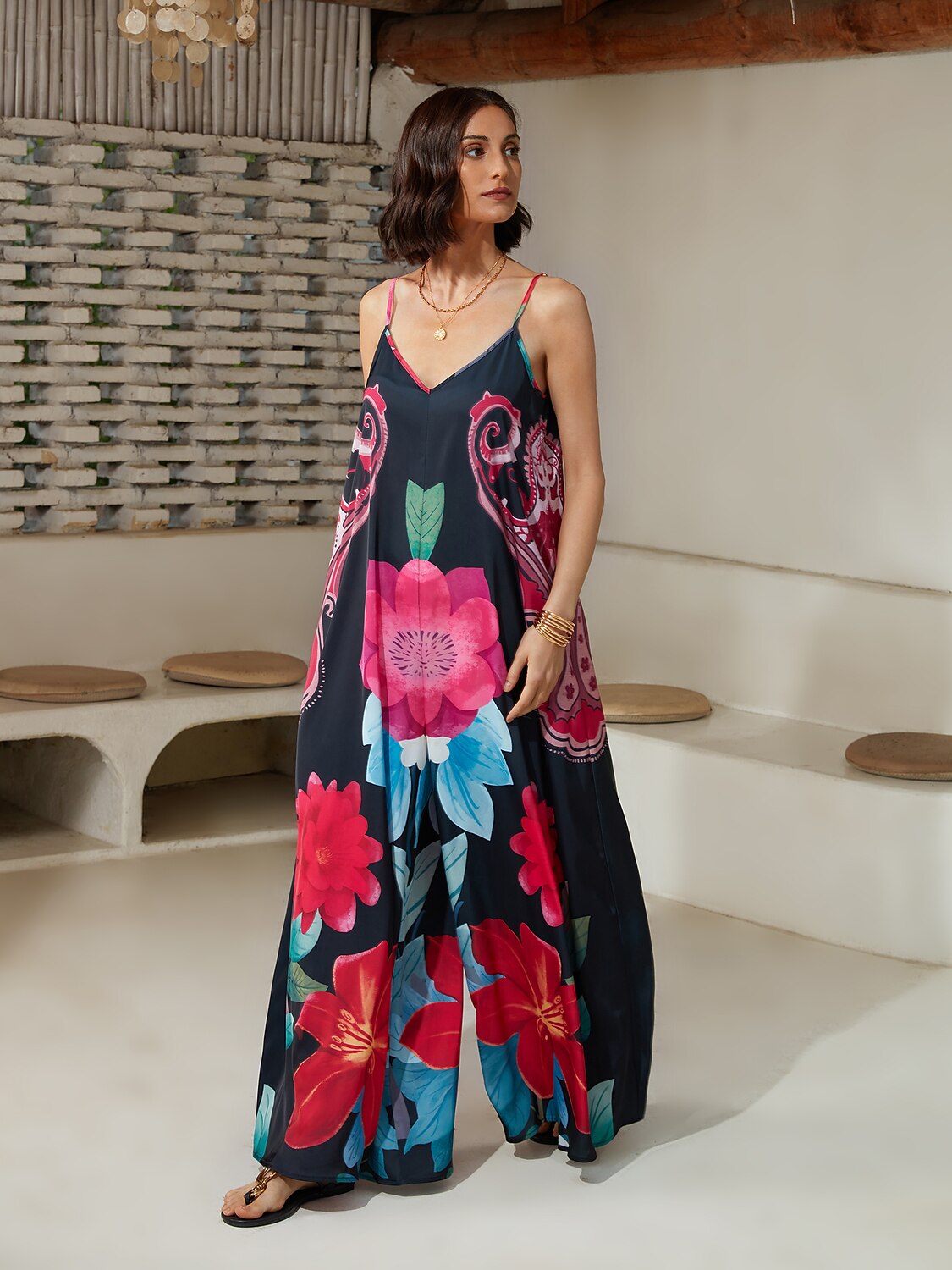Camisole-Jumpsuit aus Satin mit Blumenmuster