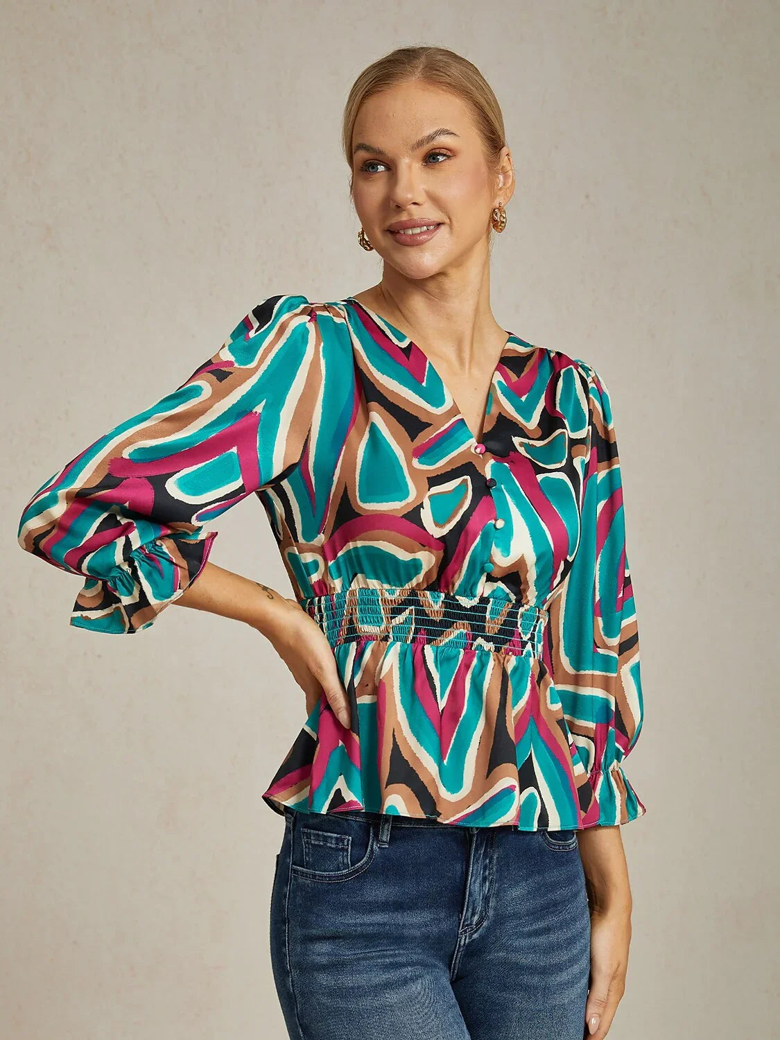 Colorful Abstract Print Cinched Waist Satin Top