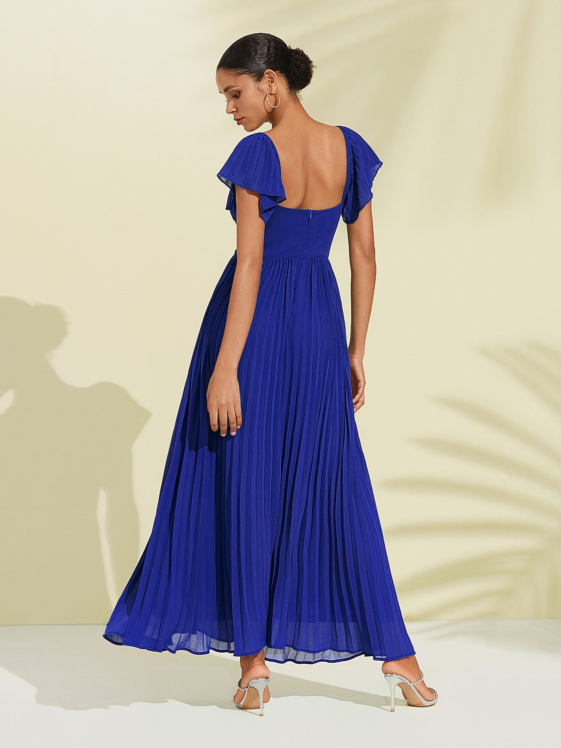 Royal Blue Chiffon Pleated Wedding Guest Party Dress