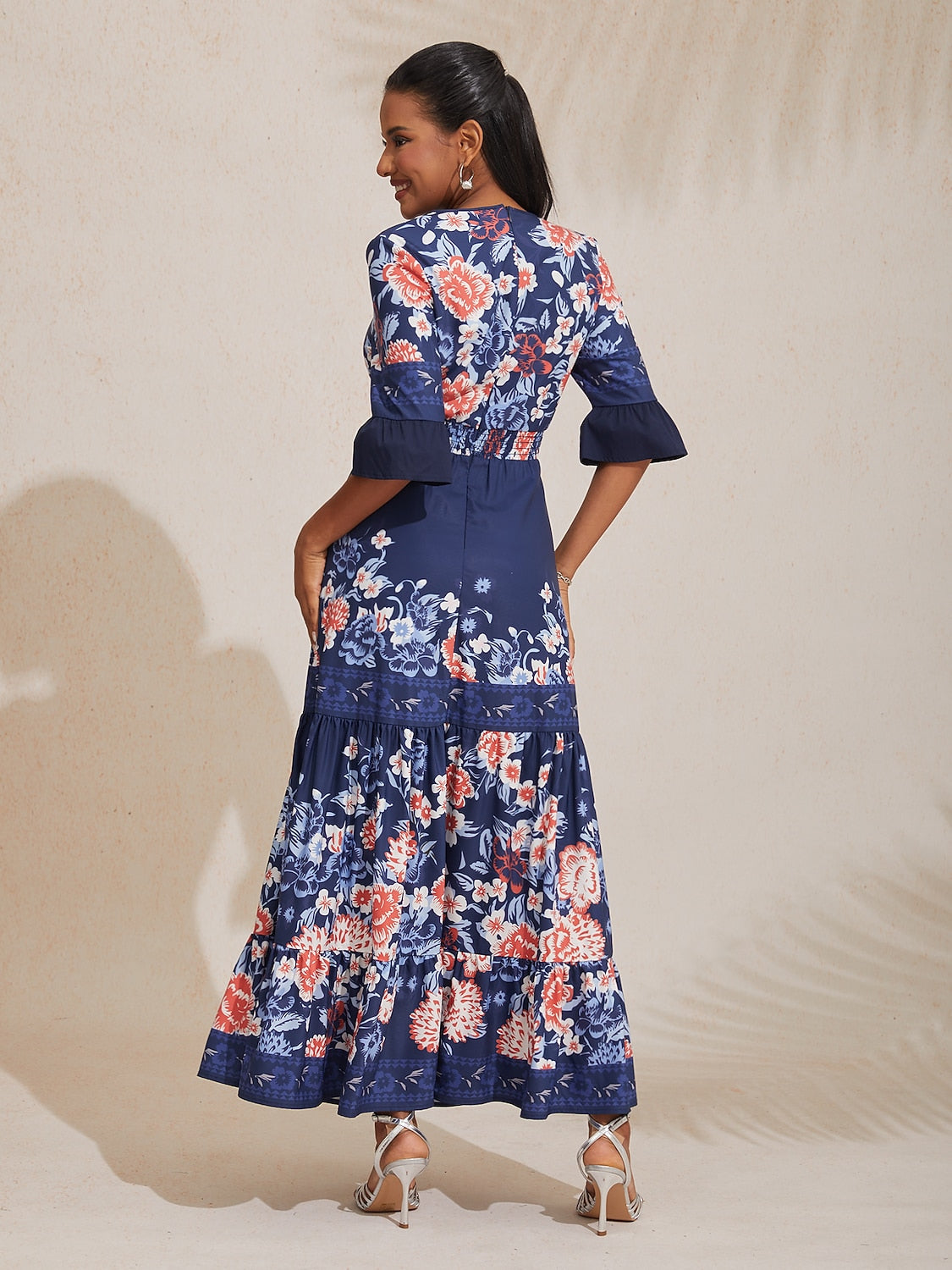 Satin V-Neck Tiered Hem Floral Print Vacation Maxi Dress