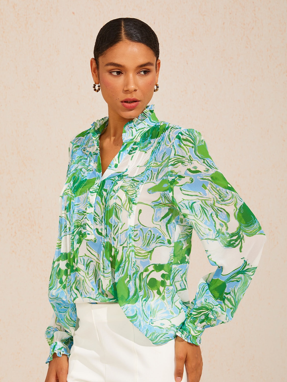 Graphic Art Mustang Ruffle V-Neck Chiffon Blouse