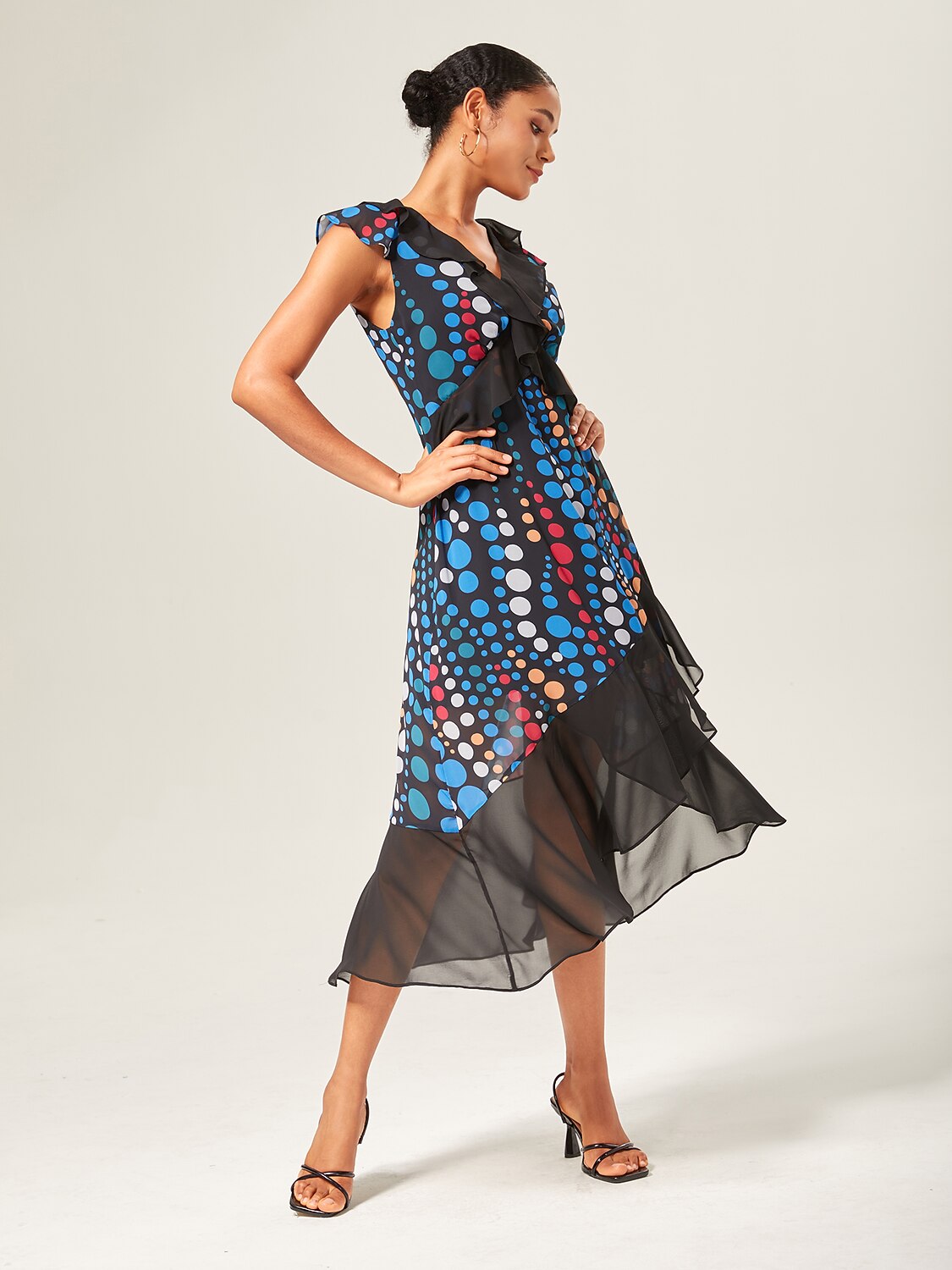 Colorblock Polka Dot Print Chiffon Ruffle Maxi Dress