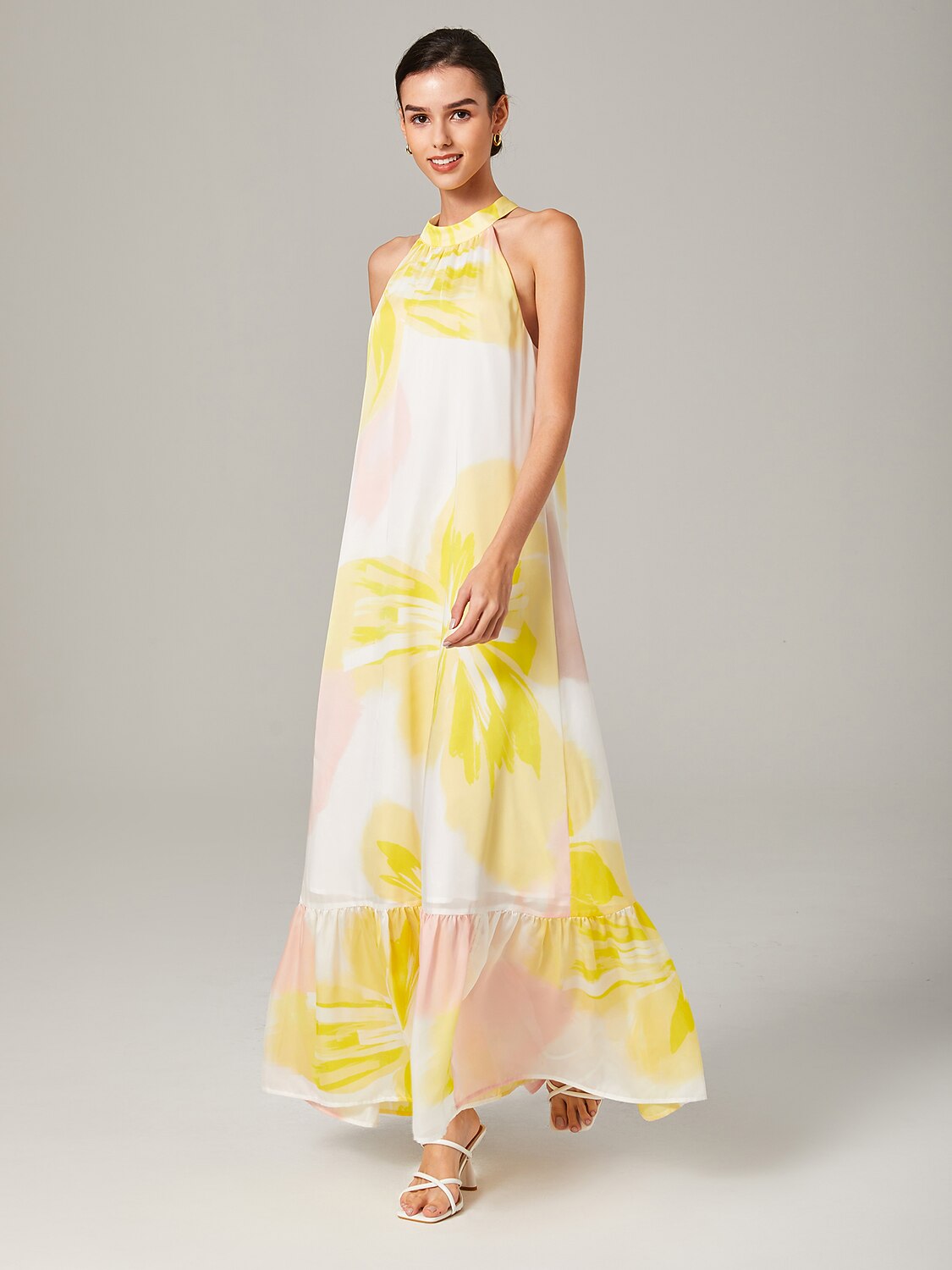 Maxikleid aus Chiffon mit Blumenmuster, locker geschnitten, A-Linie, Neckholder