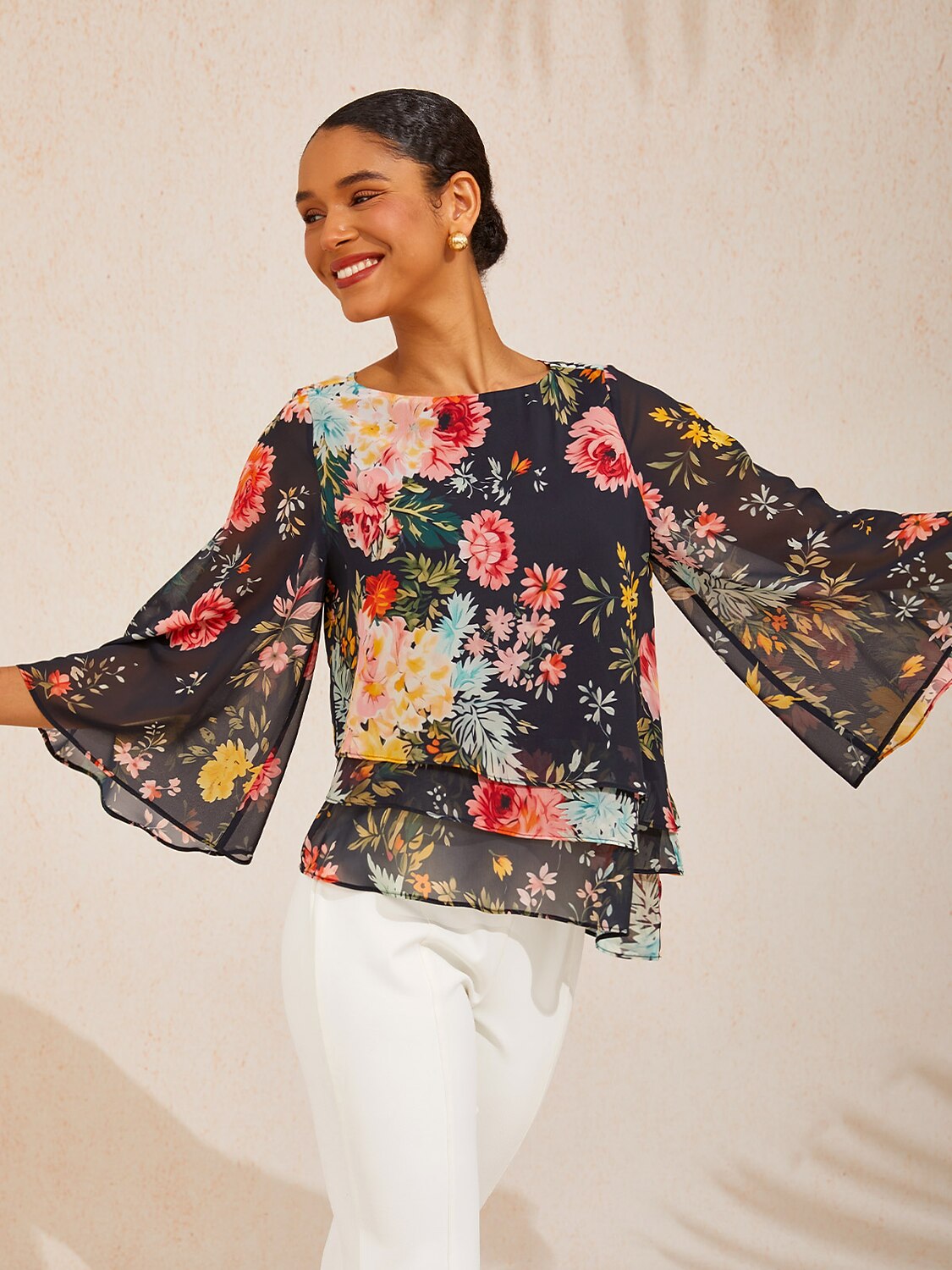 Black Chiffon Floral Print 3/4 Loose Round Blouse