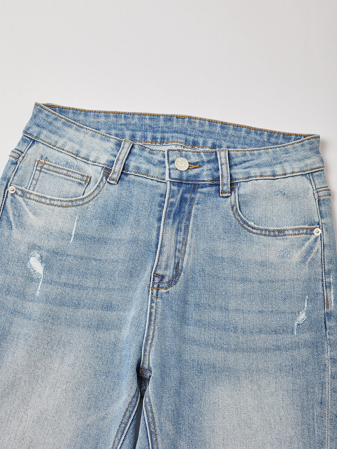Baumwolle Stretch Schlaghose Hohe Taille Ausgefranster Saum Denimhose