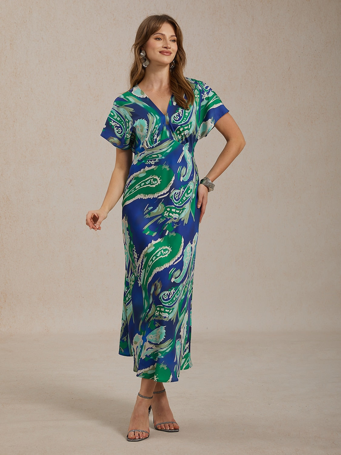 Vacation Satin Green Paisley Print Maxi Dress, Green / M
