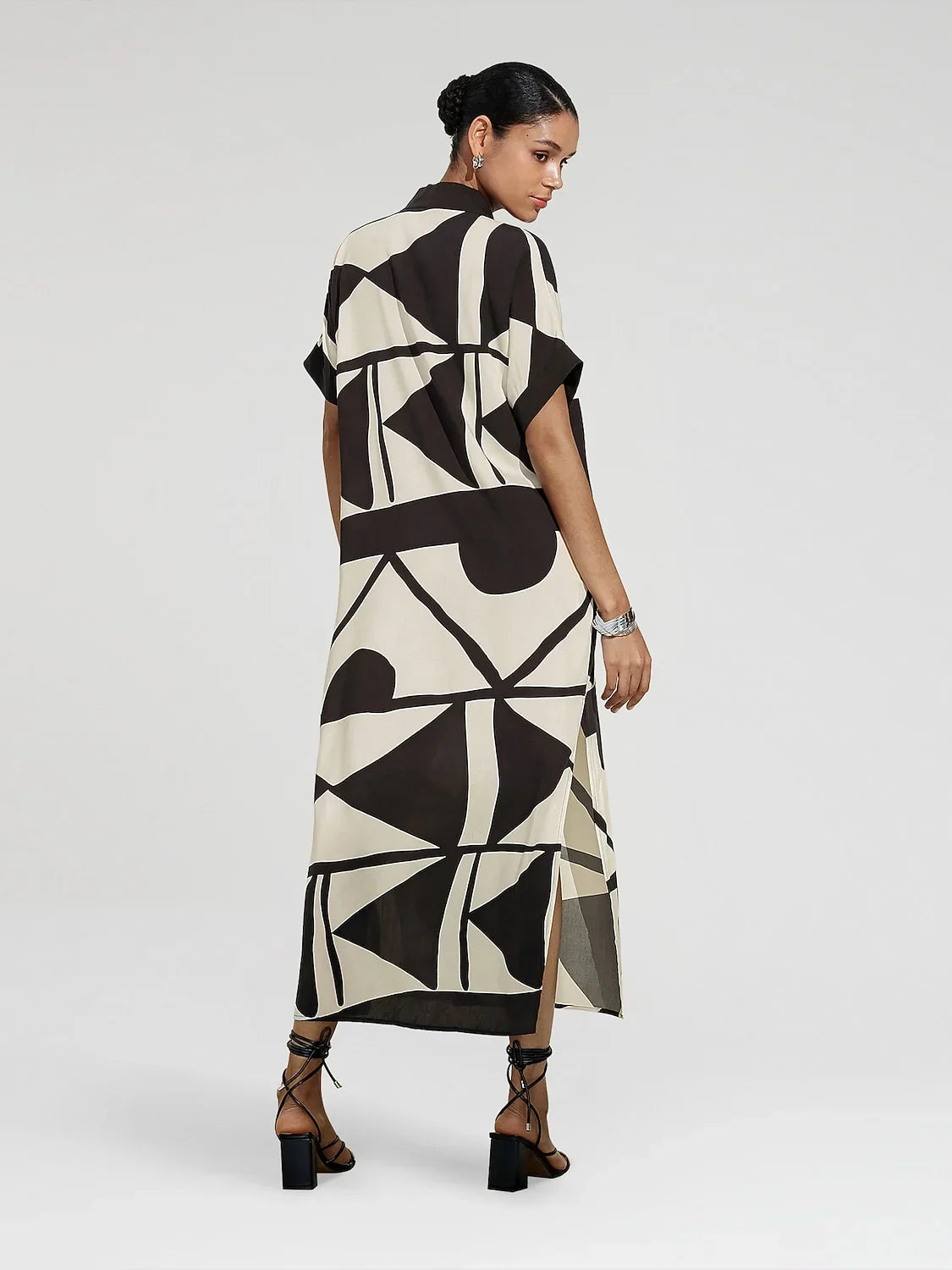 Short Geometric Print Loose Fit Double Slit Maxi Dress
