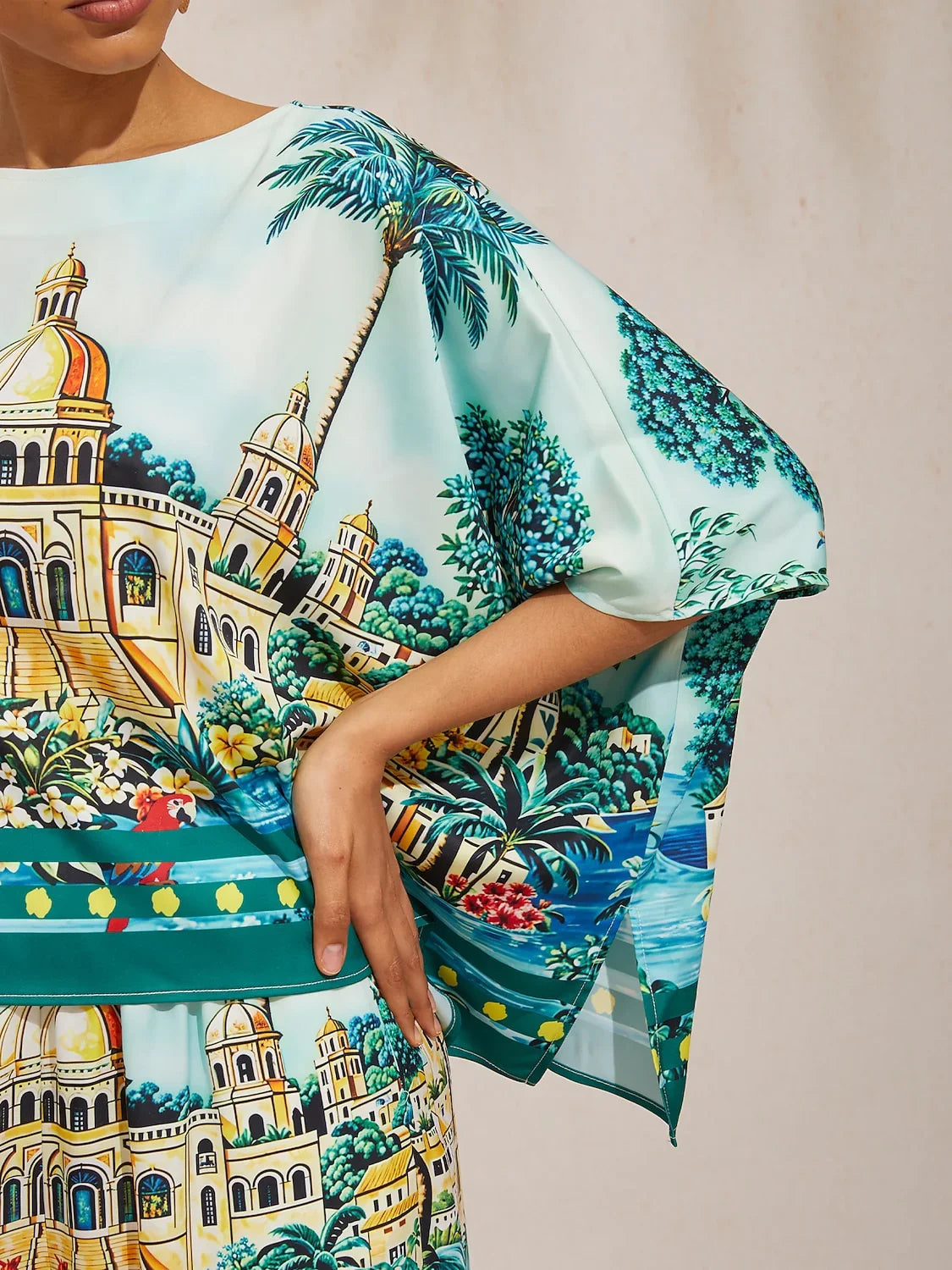 Balearic Islands Blue Silky Satin Dolman Sleeve Top