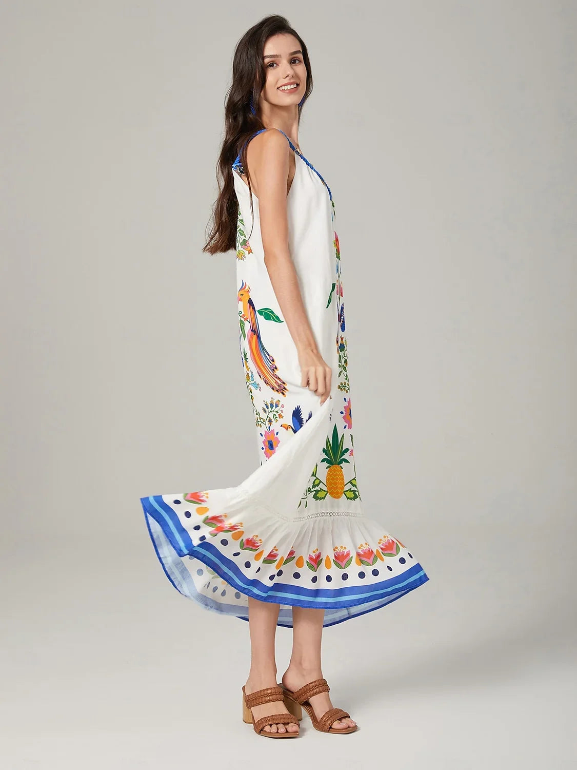 White-Toned Cotton Like Beach Vacation Floral Print Dress