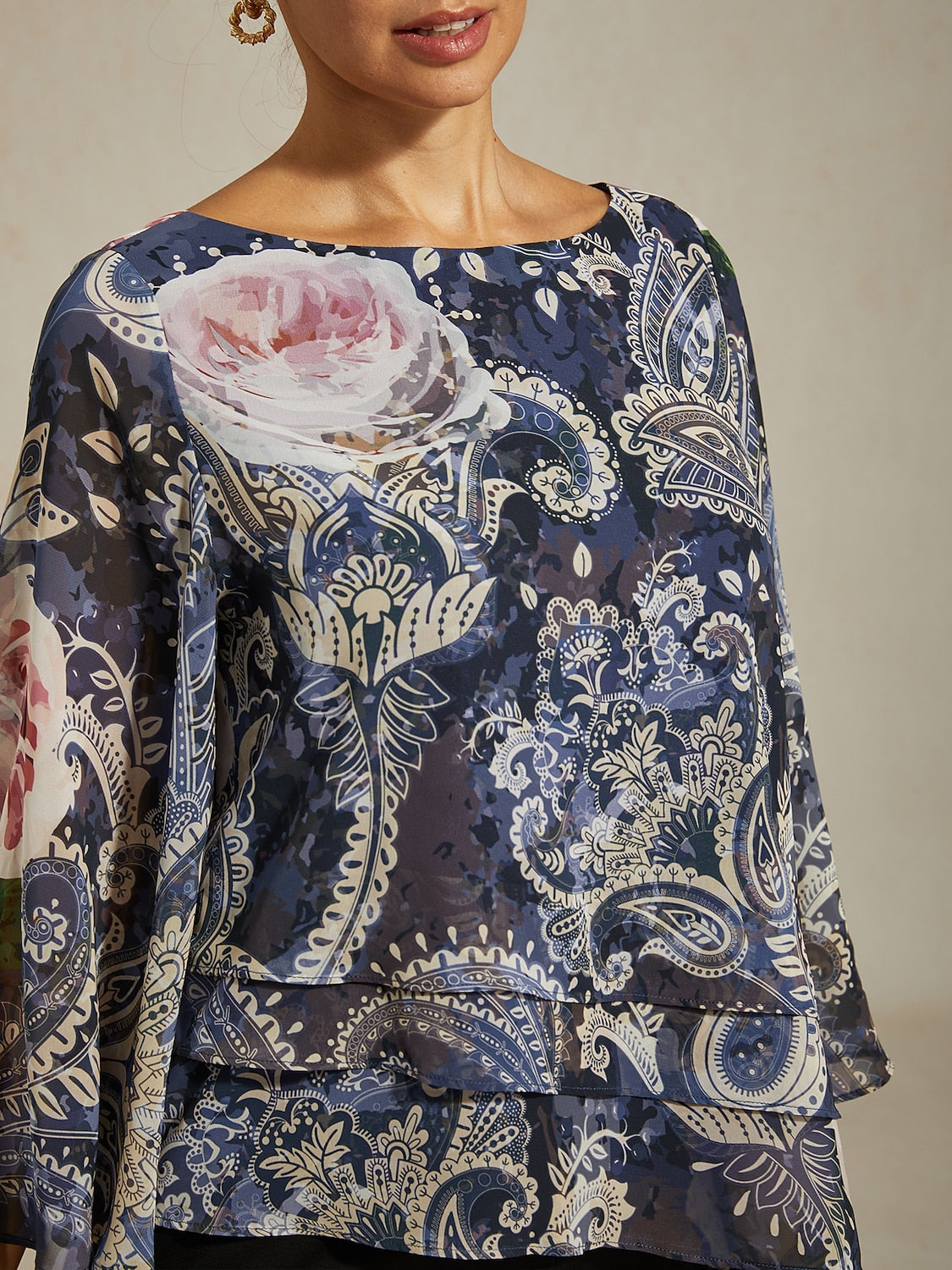Green Paisley Botanical Print Layered Chiffon Blouse