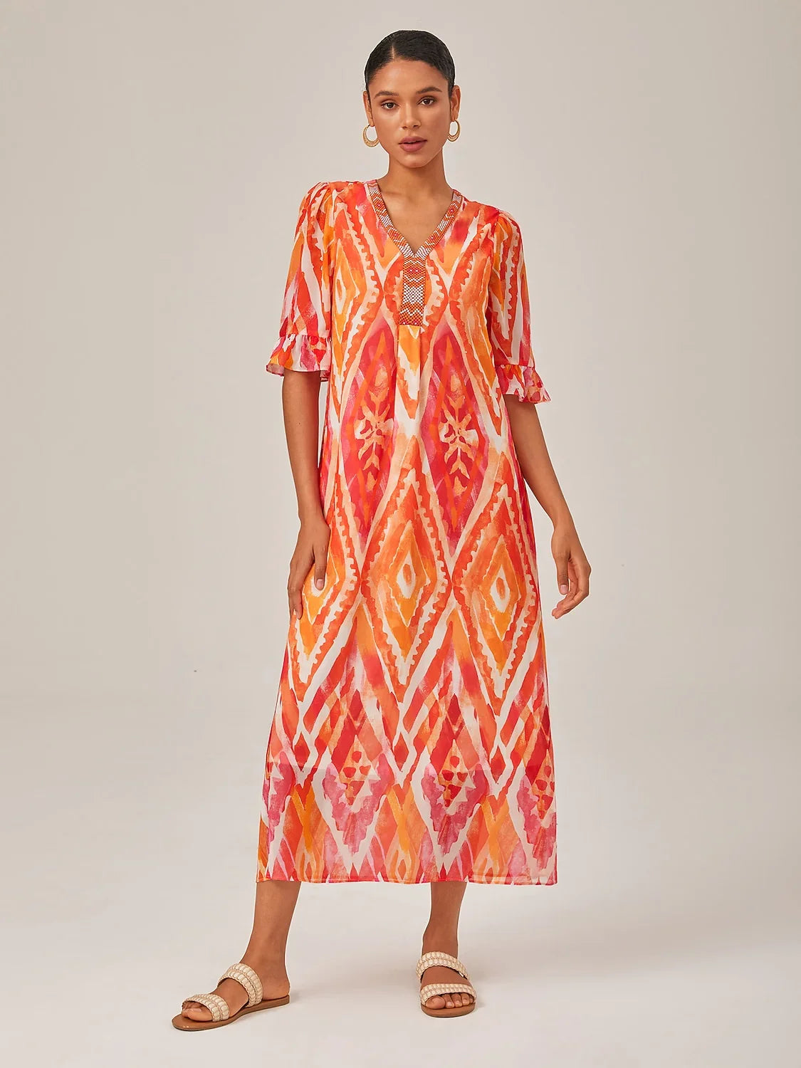 Vestido Midi de Gasa con Estampado Étnico y Cuello en V
