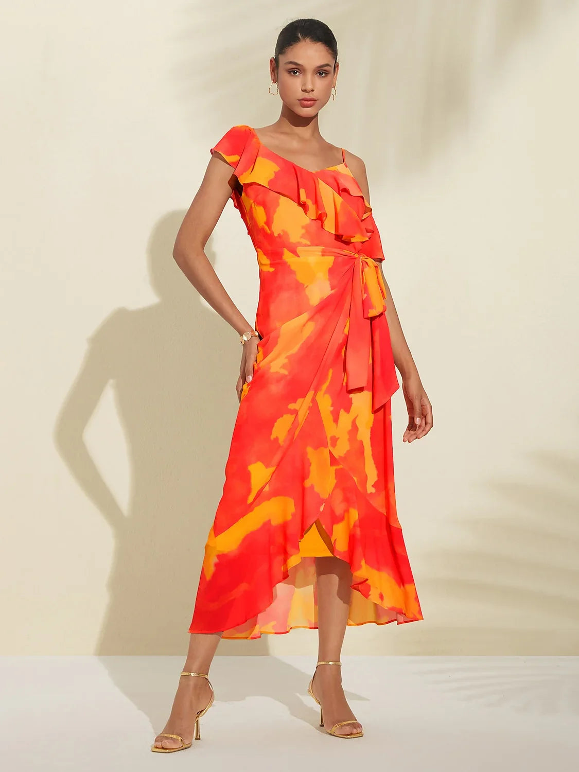 Womens Orange Chiffon Ruffle Midi Dress Short Sleeve Vacation Lightweight Chiffon Airy Drape Flattering Drape Statement Print, Orange / XXL