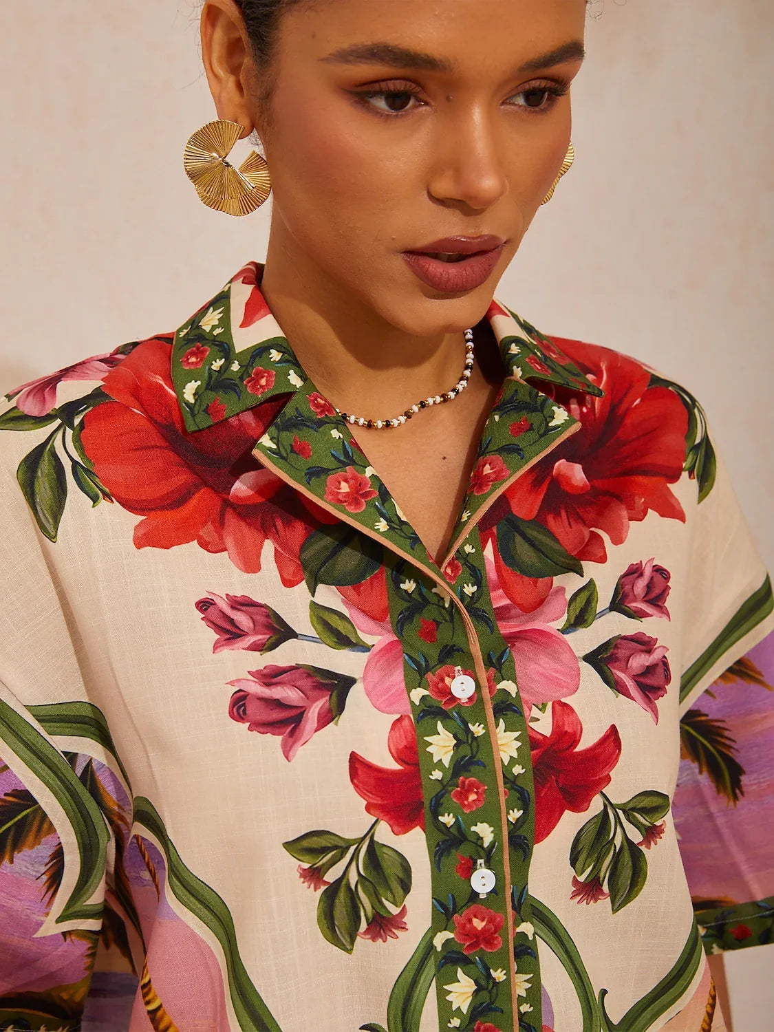 Hawaii Palm Airy Linen Look Floral Shirt