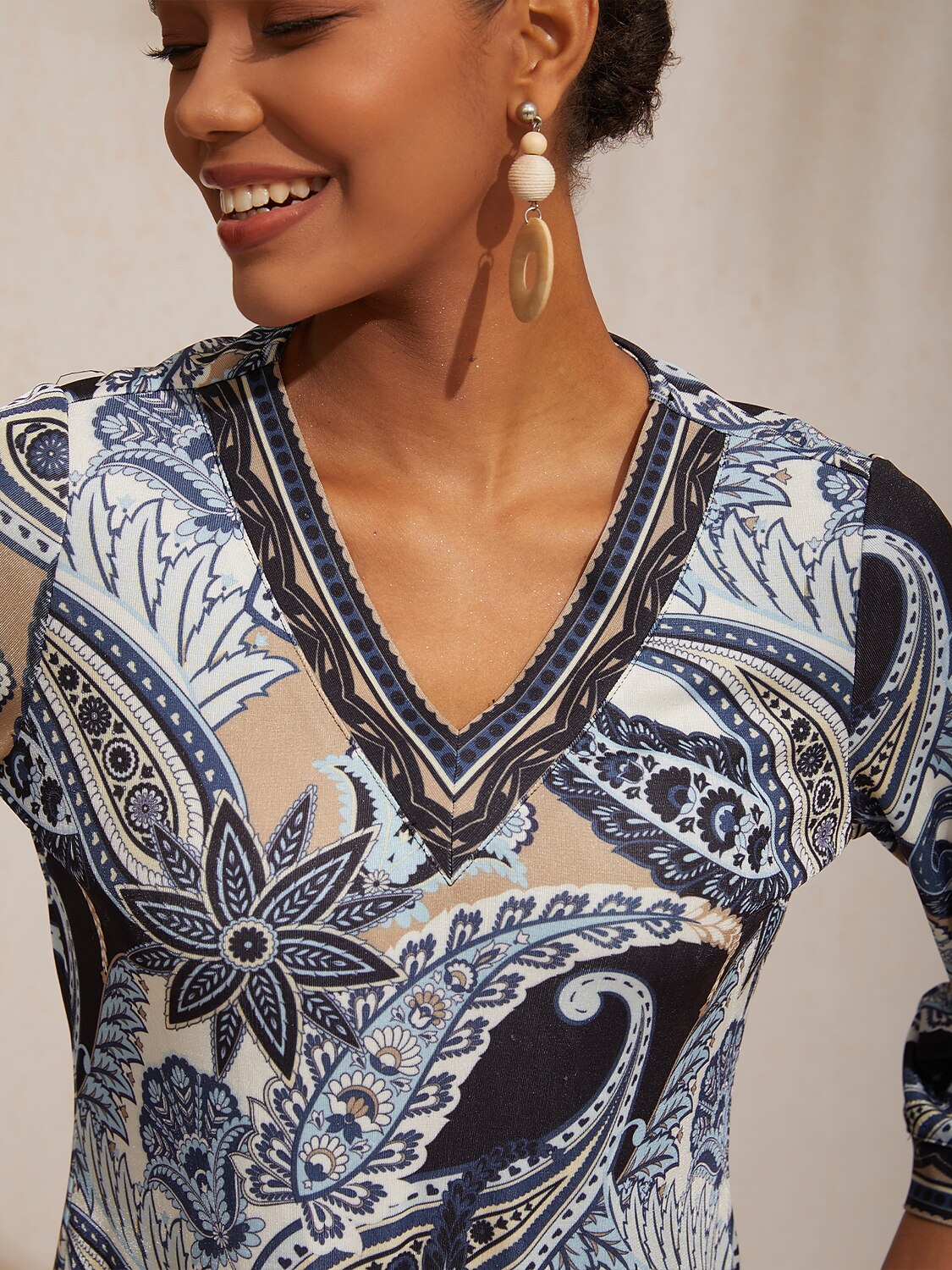 Abstract Paisley Pattern High Stretch Knit Top