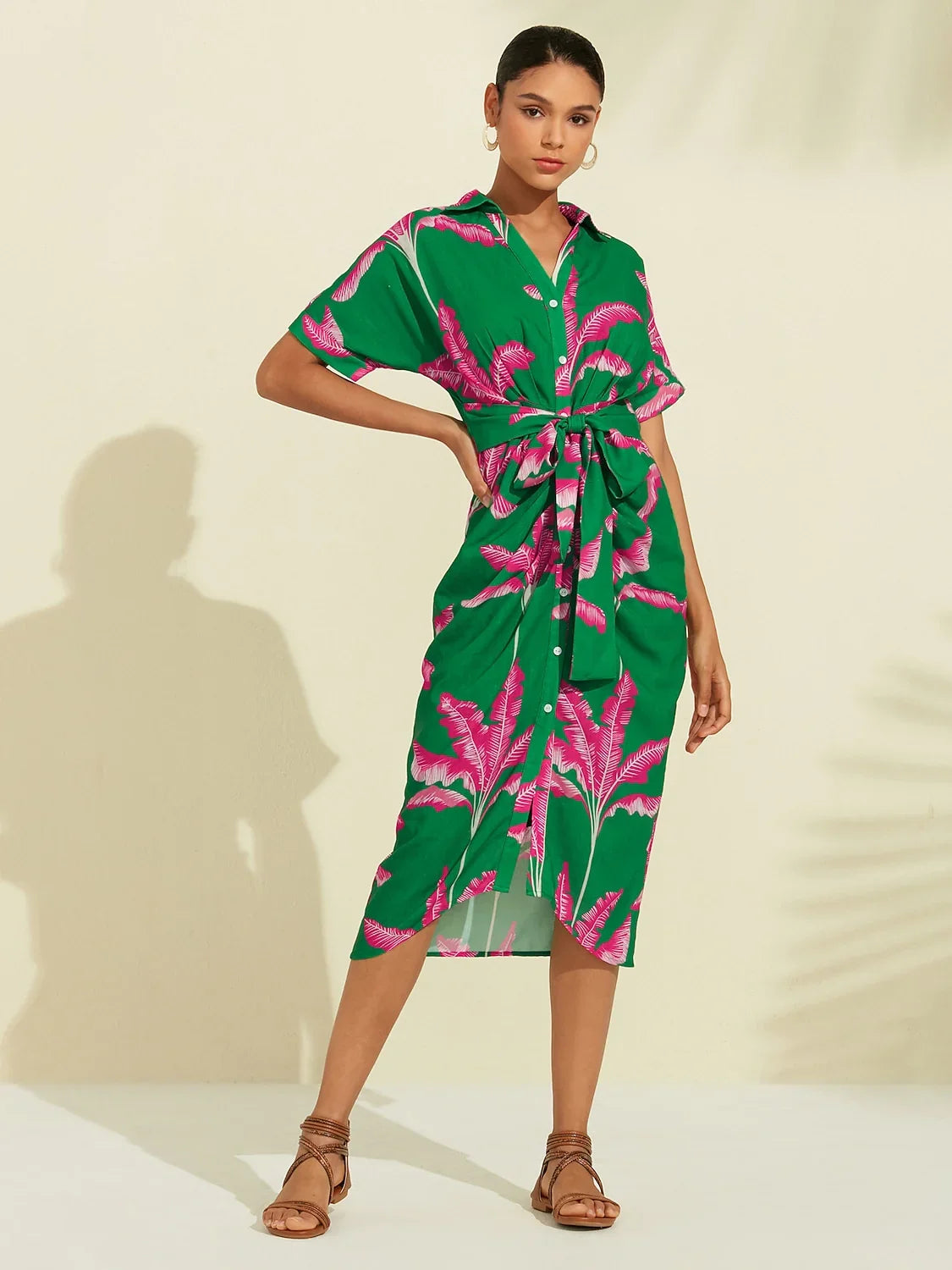 Tropical Print Shirred Midi Dress