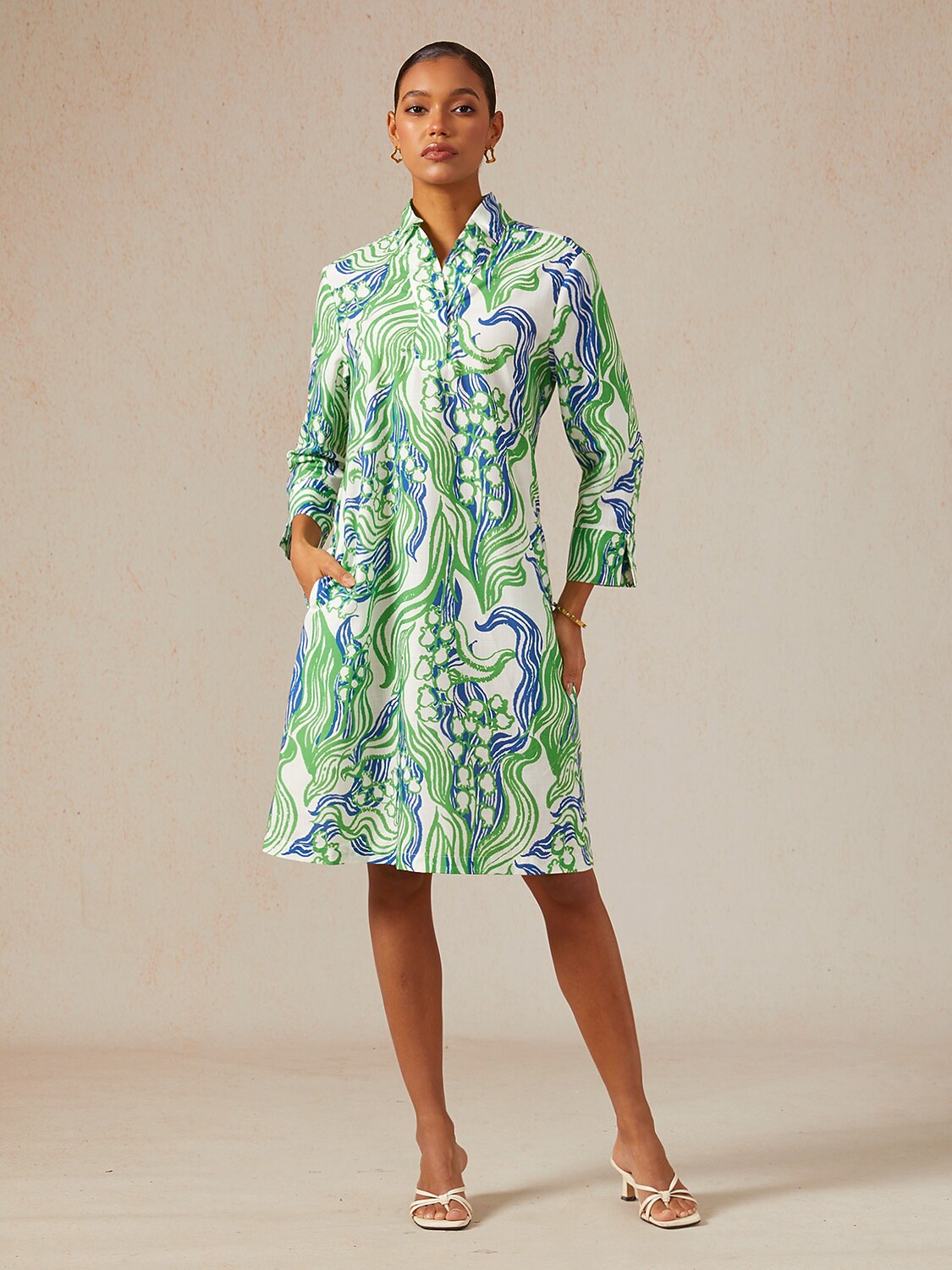 Abstract Bell Flower Linen Look Midi Dress