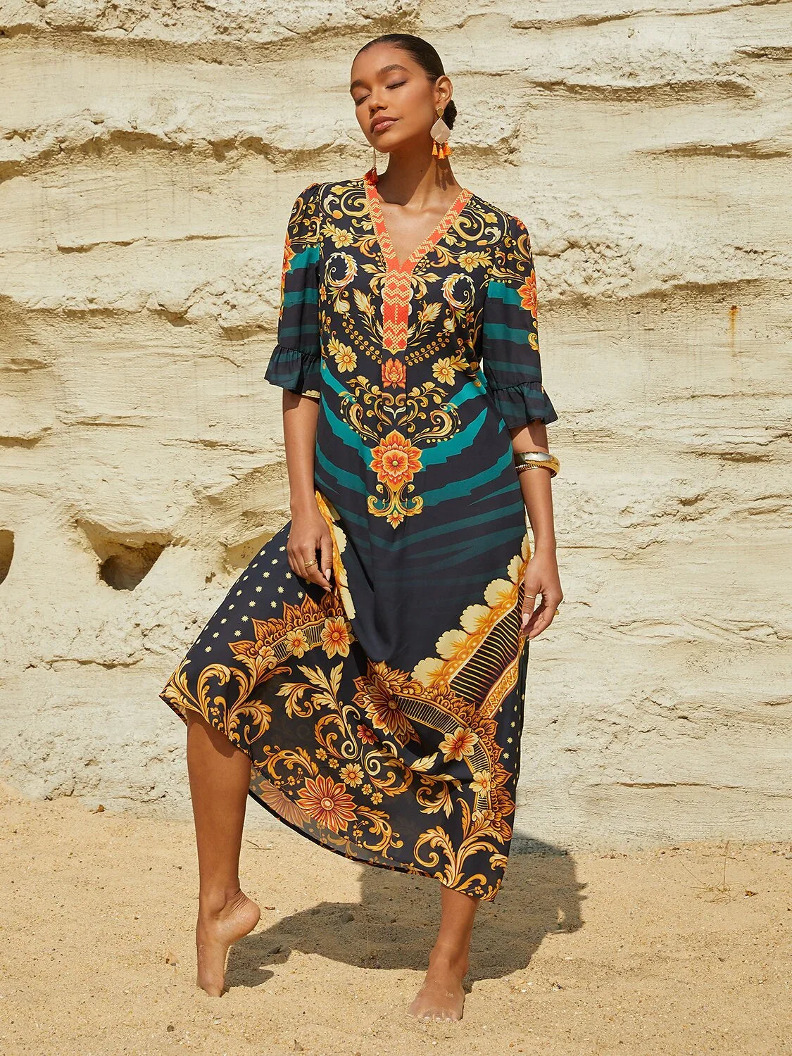 Womens Folk Print Chiffon Maxi Dress V Neck Half Sleeve Regular Fit Flowy Lightweight Chiffon Airy Drape Flattering Drape, Green / S Womens Folk Print Chiffon Maxi Dress V Neck Half Sleeve Regular Fit Flowy Lightweight Chiffon Airy Drape Flattering Drape, Green / S