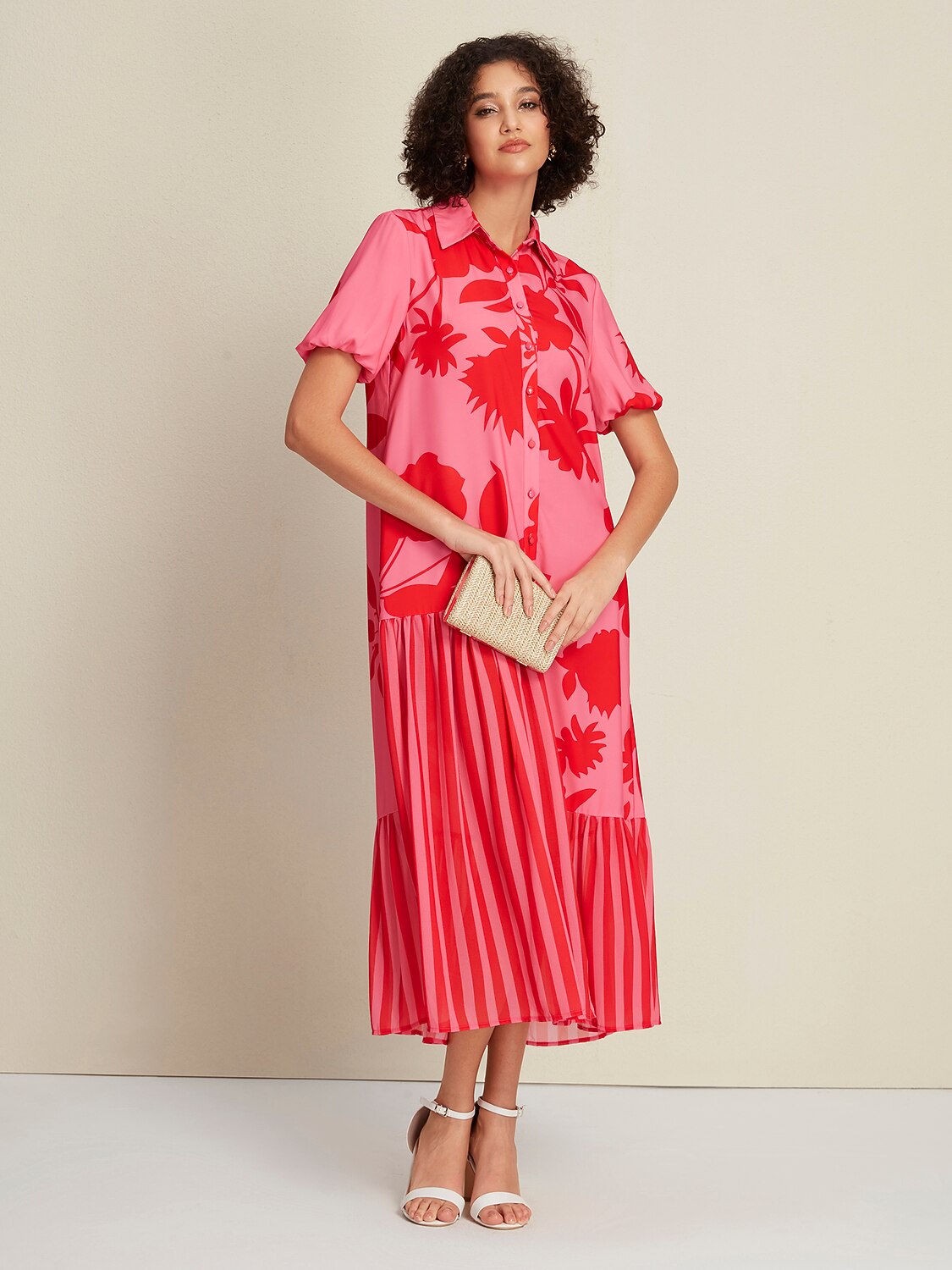 Chiffon&Satin Rose Red Floral Stripe Asymetric Hem Short Sleeve Maxi Dress