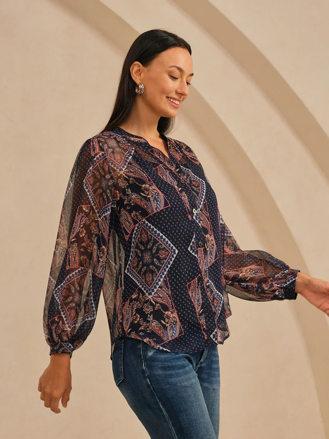 Geometric Combination Paisley Print Sheer Chiffon Blouse