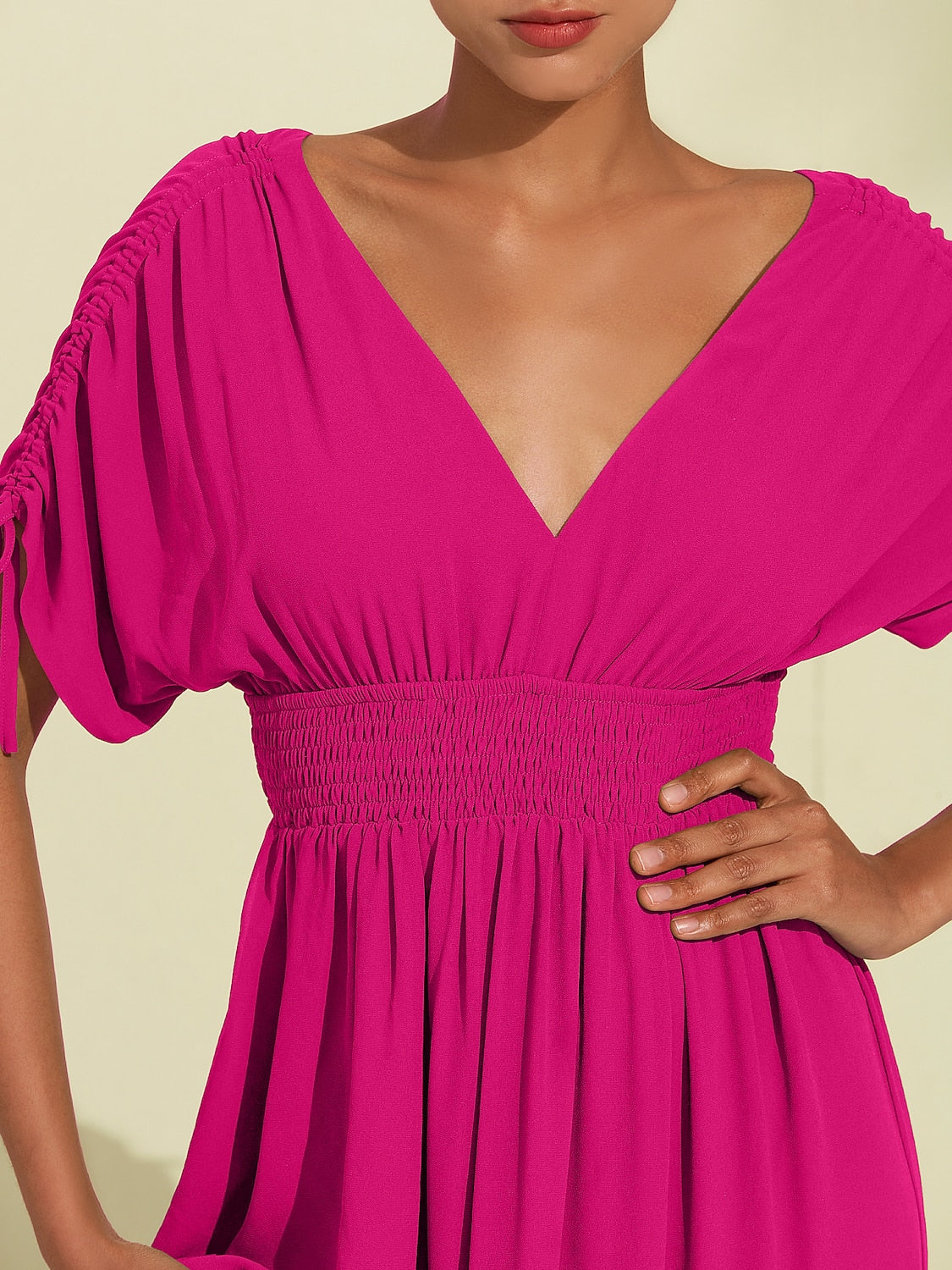 Rose Red Short Sleeve Vacation Chiffon Dress
