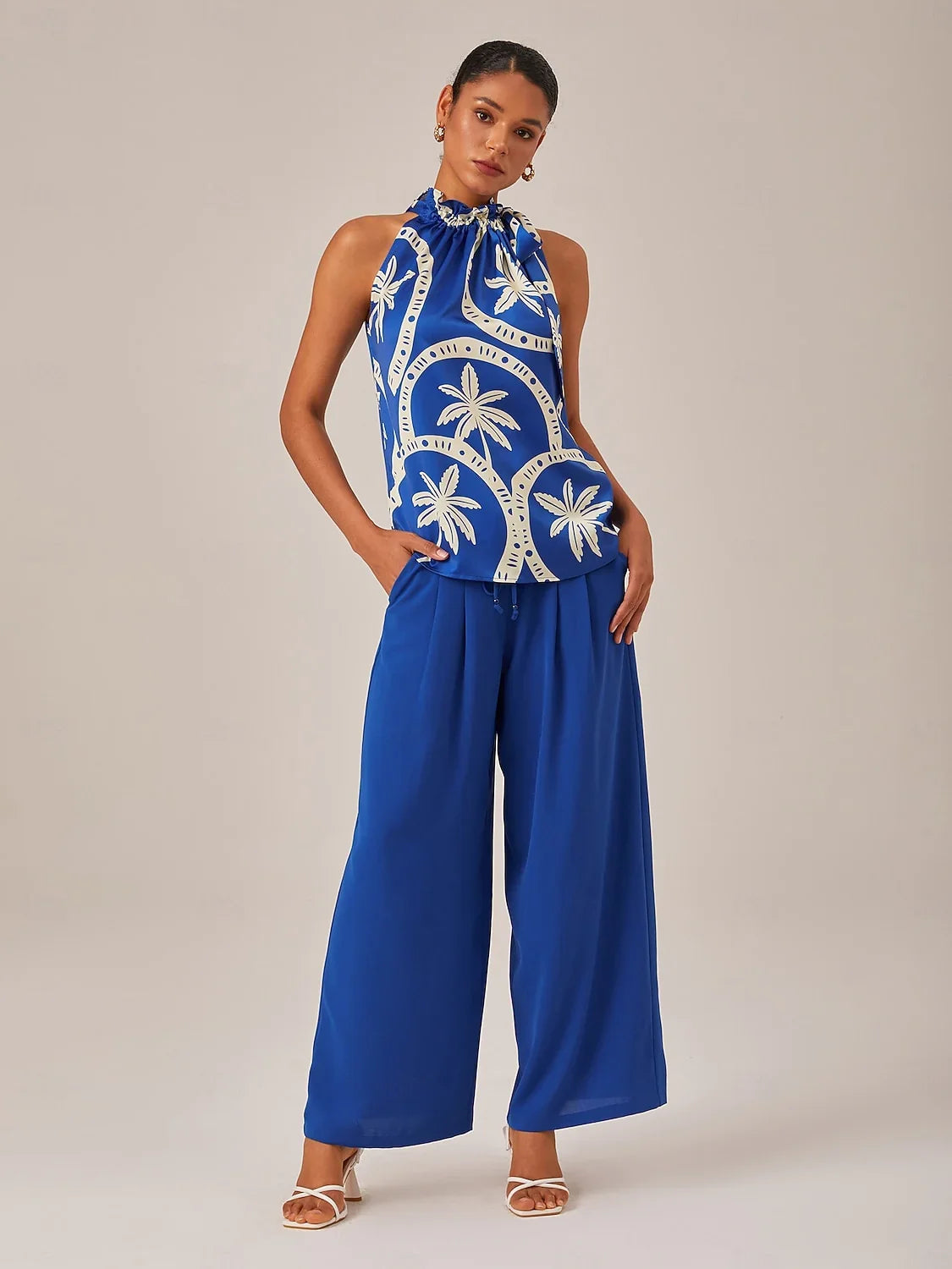 Satin Geometric Print Sleeveless Top With Ruffle Tie Neck