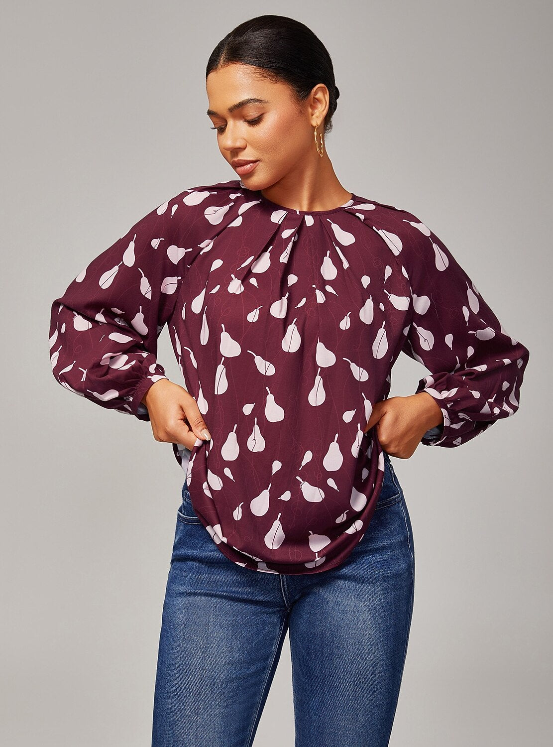 Casual Pear Print Long Sleeve Polyester Top