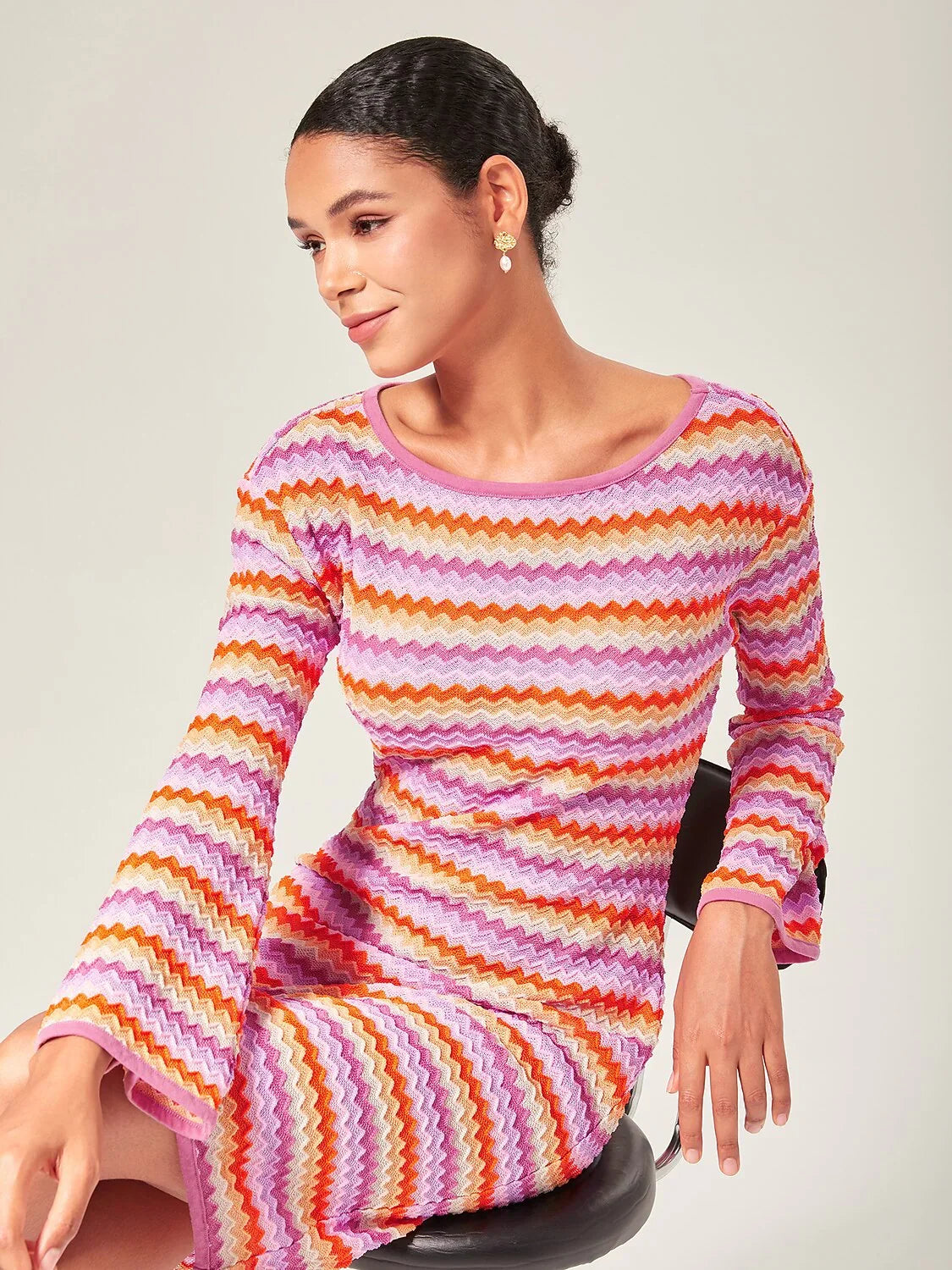 Womens Elegant Rainbow Wave Stretch Knit Mini Dress Rainbow Pattern Crewneck Long Sleeve Elegant Vacation Resort Party Spring Summer, Pink / XL