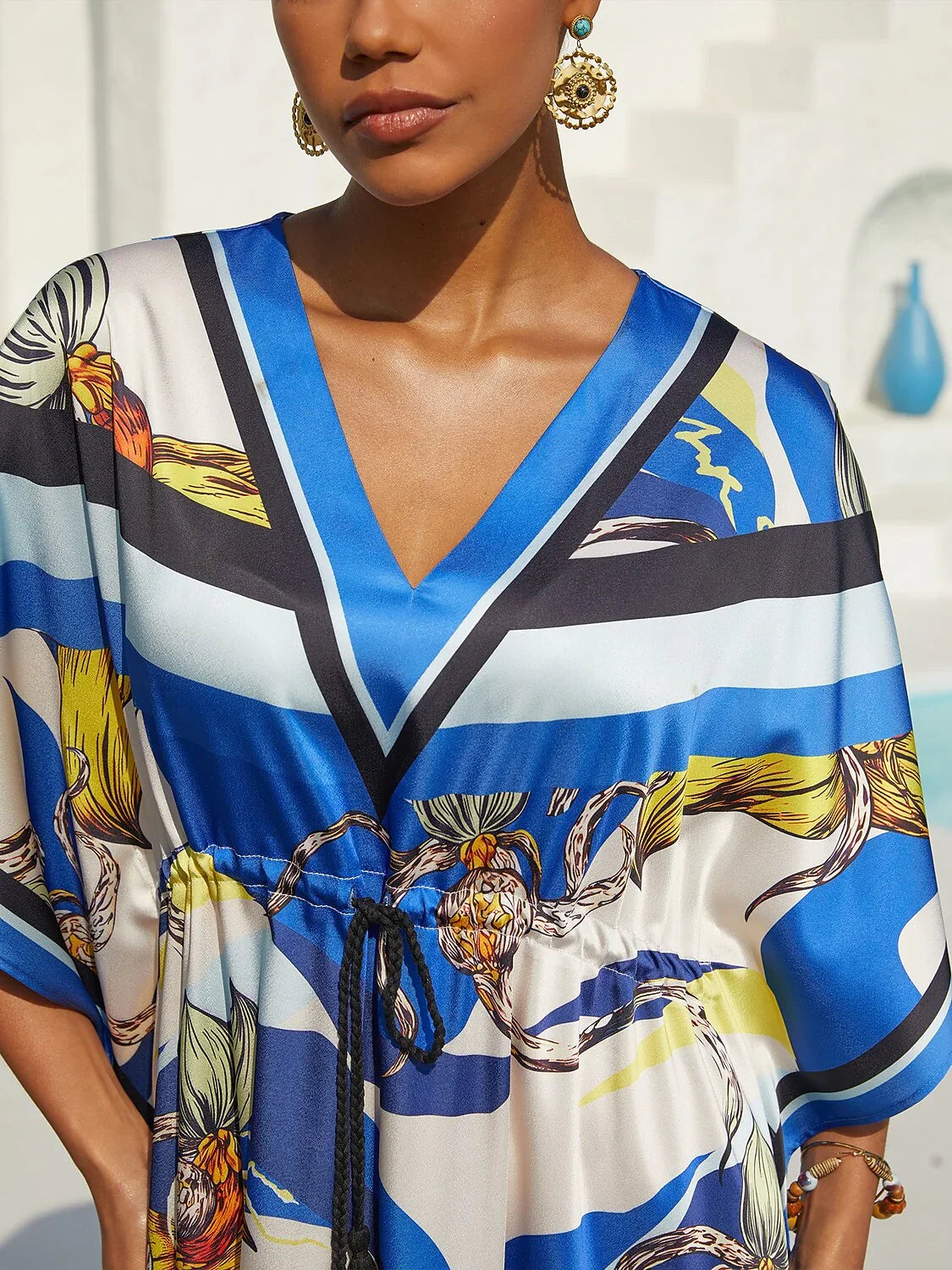 Ocean Blue Orchid Silky Satin Kaftan